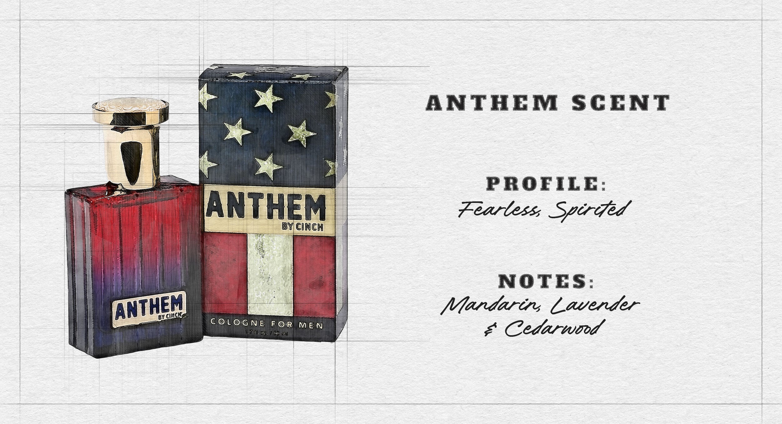 Product display of Cinch Anthem Cologne for men, featuring a red, white, and blue gradient glass bottle with a silver cap next to its box designed like an American flag. The label on the right reads: ‘Profile: Fearless, Spirited’ and ‘Notes: Mandarin, Lavender & Cedarwood.’