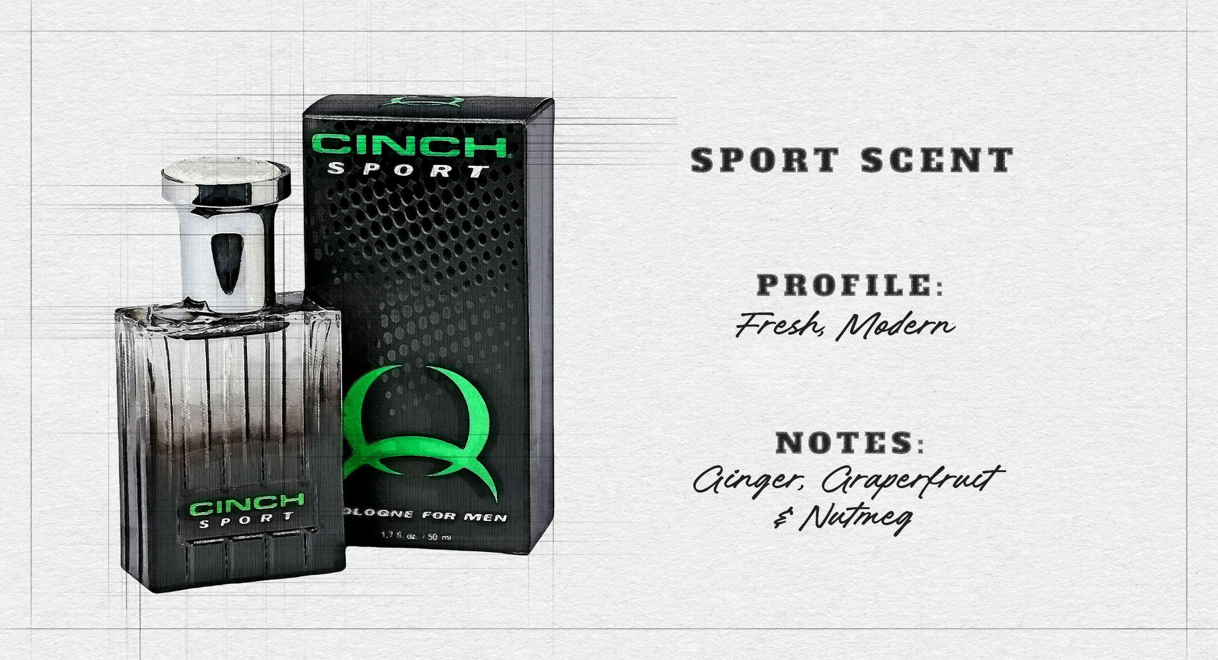 Product display of Cinch Sport Cologne for men, featuring a rectangular glass bottle with a silver cap and green logo, next to its matching black and green box. Text below reads: ‘Profile: Fresh, Modern’ and ‘Notes: Ginger, Grapefruit & Nutmeg.’