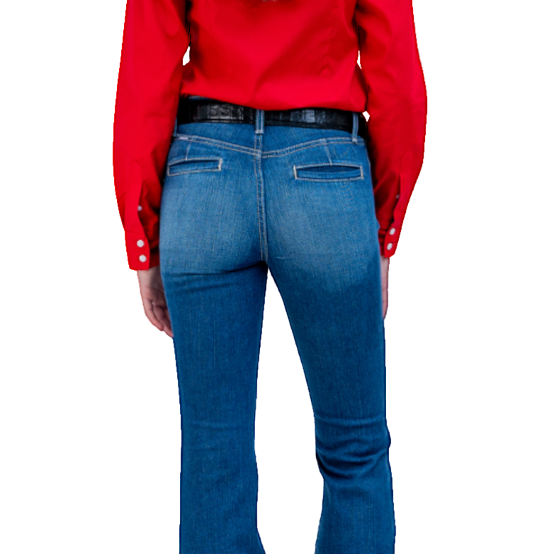 Person wearing a red shirt and blue jeans on a white background