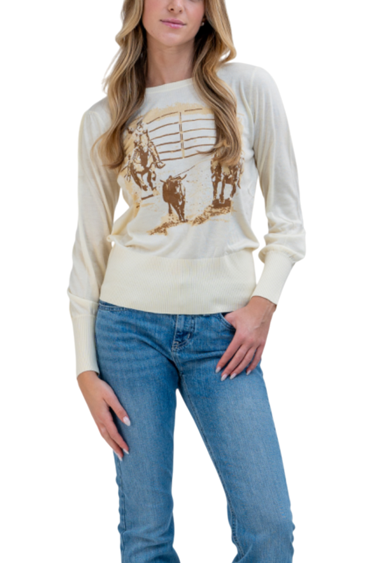 CRUEL LADIES TEAM ROPING GRAPHIC SWEATER - CREAM