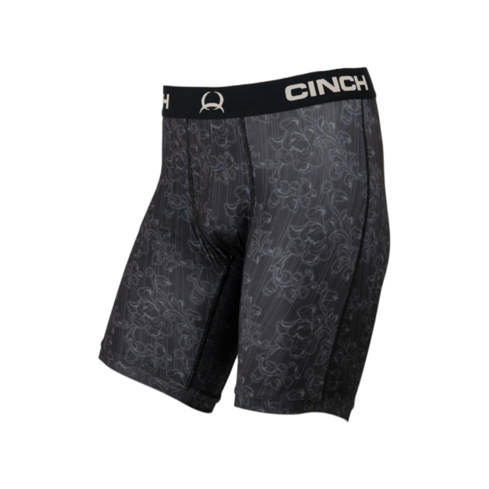 A pair of men’s boxer briefs with a black floral pattern and a black elastic waistband featuring the Cinch logo