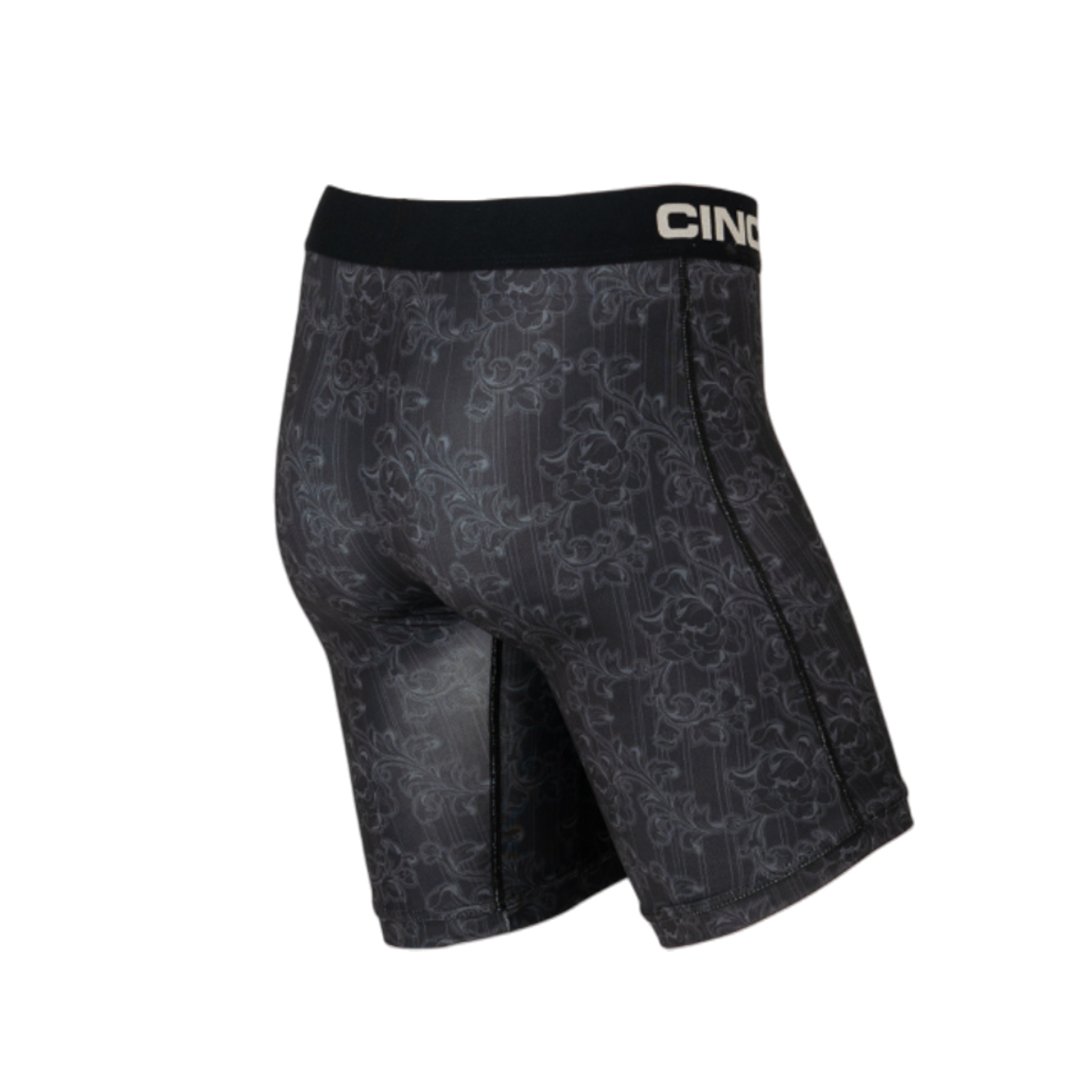 A pair of men’s boxer briefs with a black floral pattern and a black elastic waistband featuring the Cinch logo