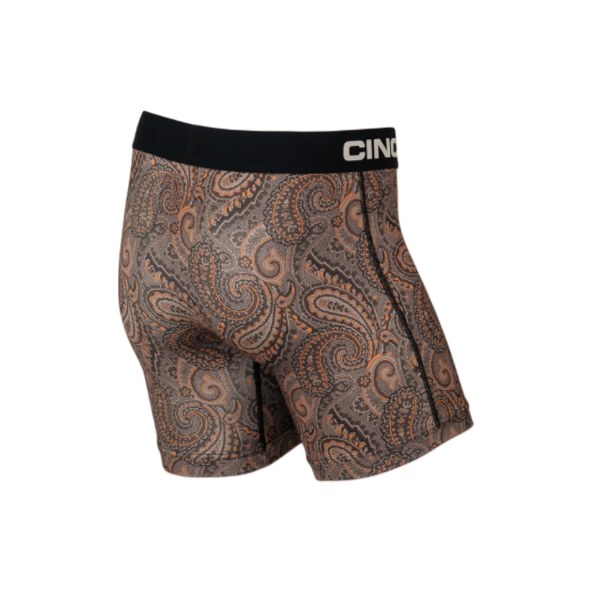 A pair of men’s boxer briefs with a brown paisley pattern and a black elastic waistband featuring the Cinch logo