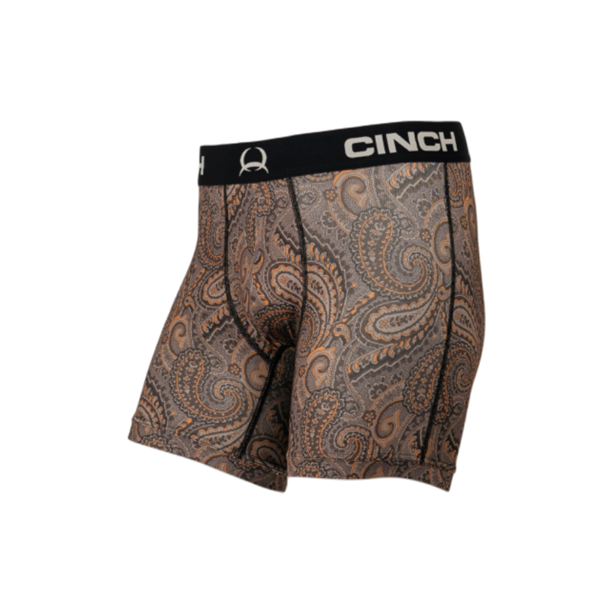 A pair of men’s boxer briefs with a brown paisley pattern and a black elastic waistband featuring the Cinch logo