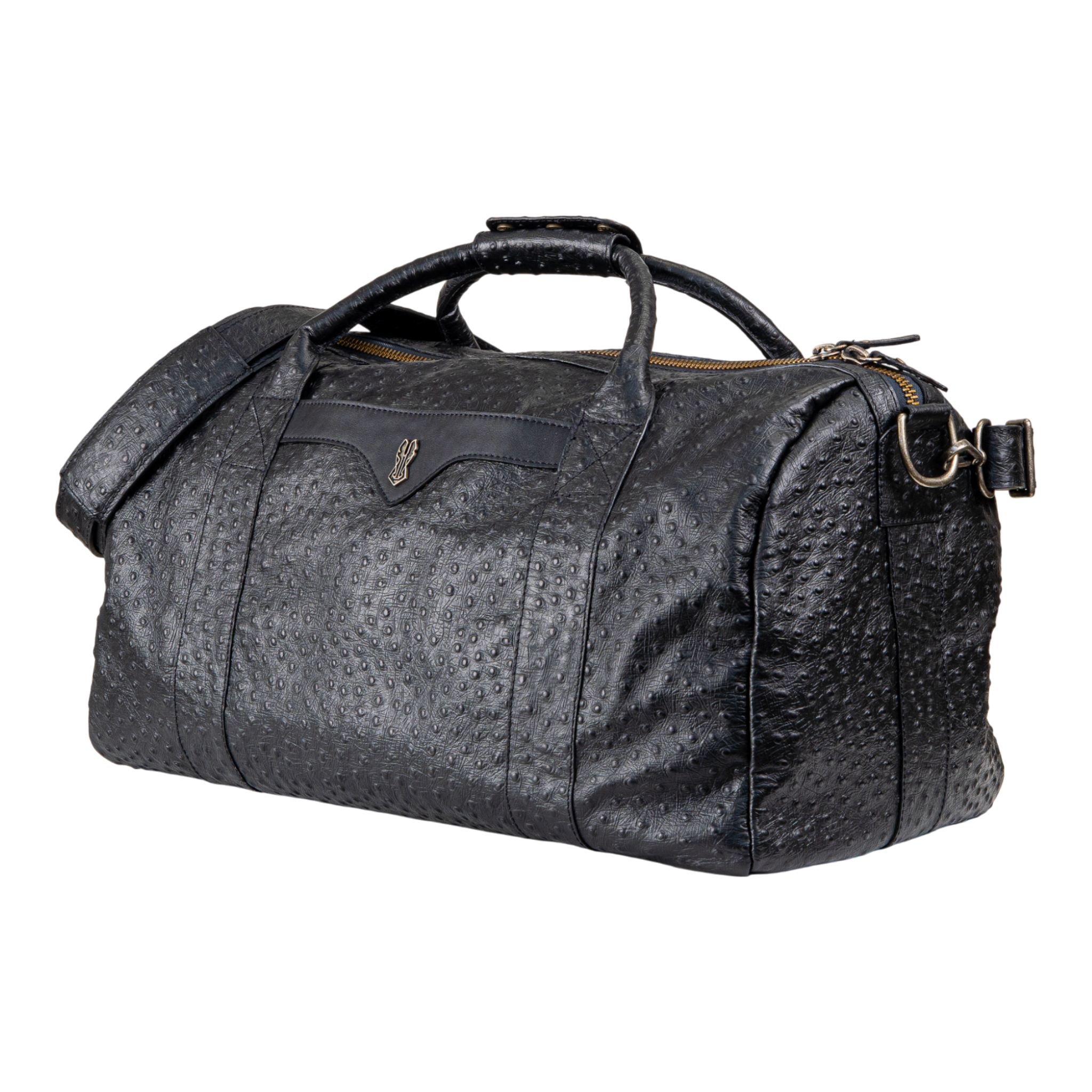 Black textured duffel bag on a white background