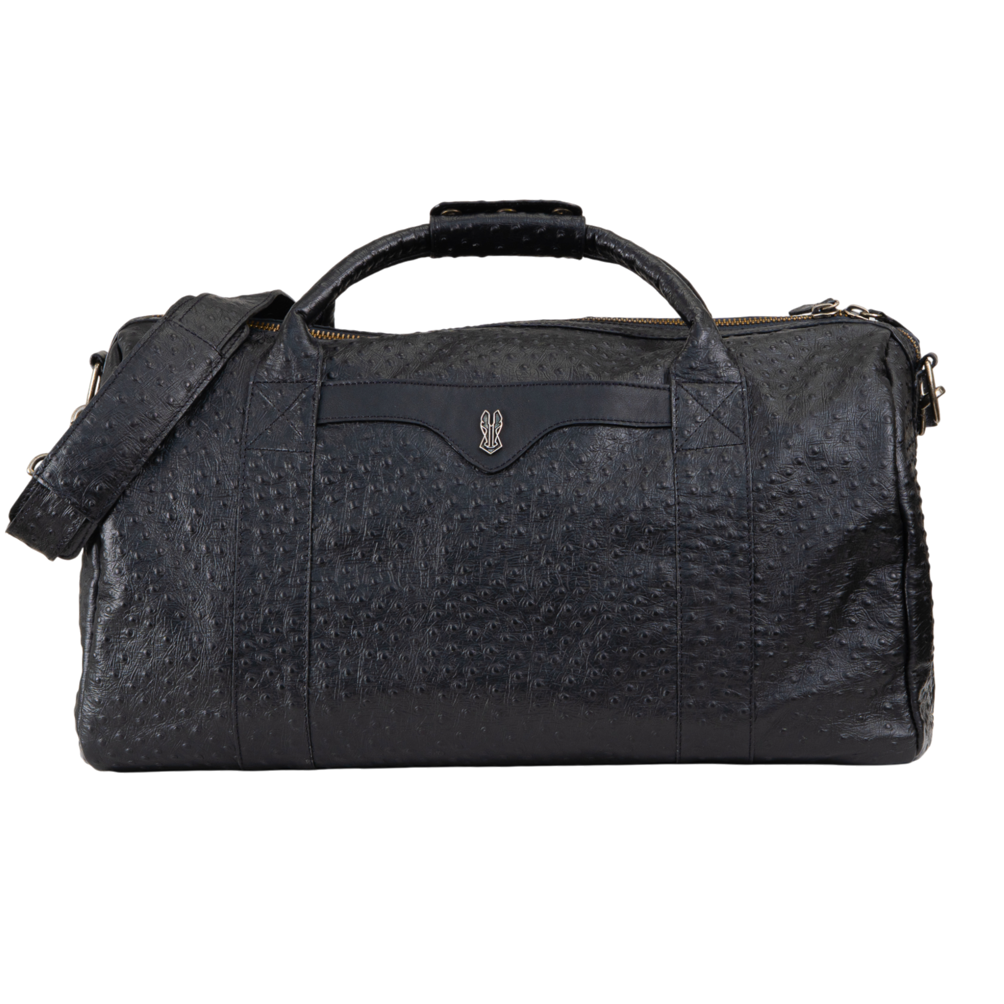 Black textured duffel bag on a white background