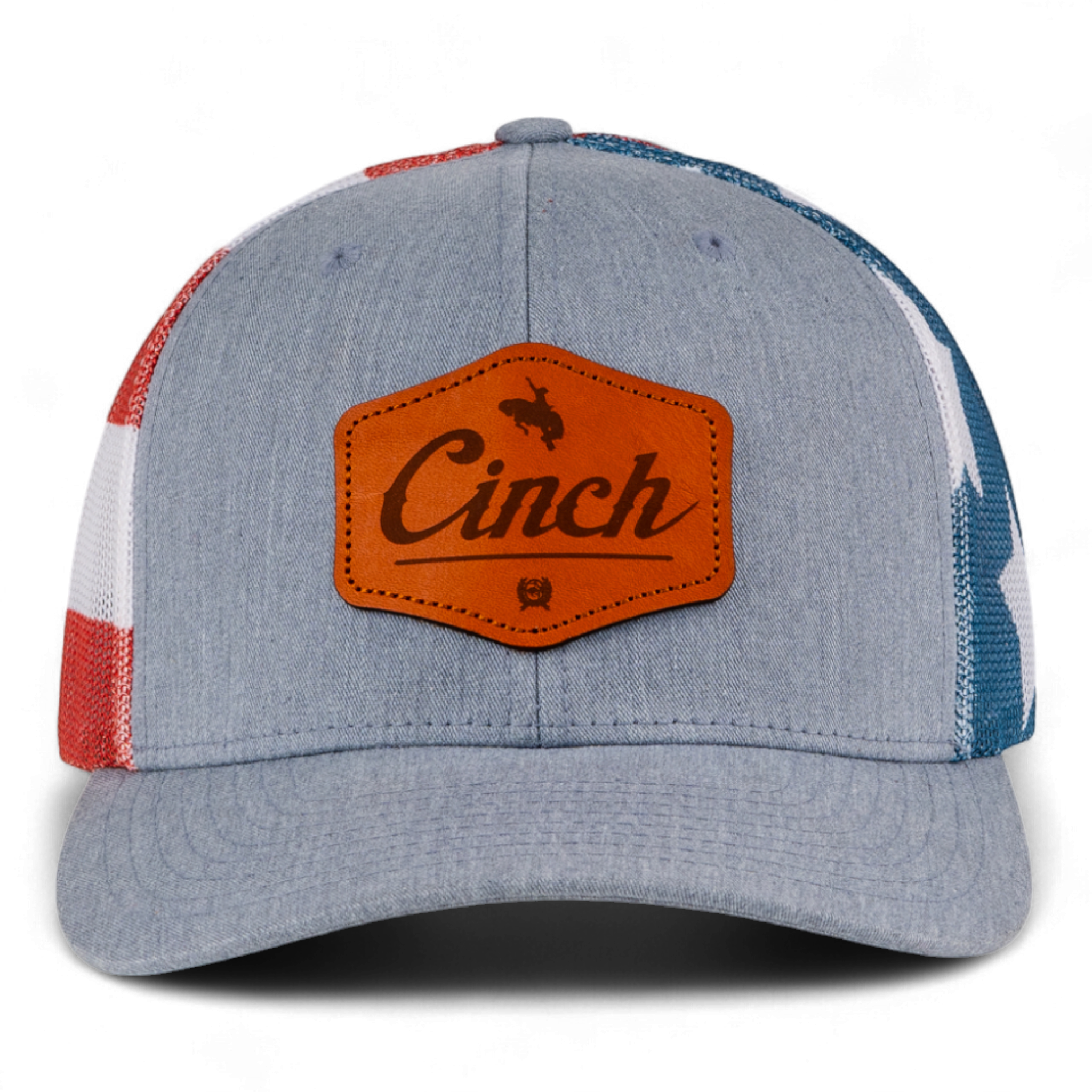 Blue and red cap with a brown leather patch displaying 'Cinch' on a white background