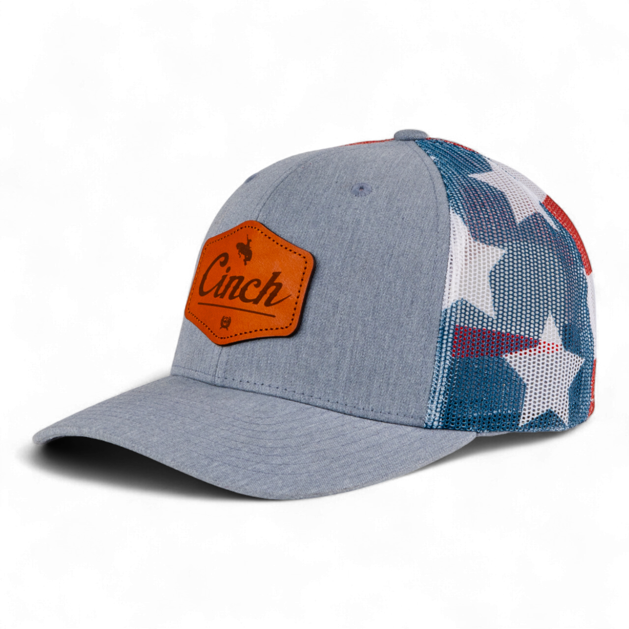 Cap with American flag pattern and Cinch logo on a white background