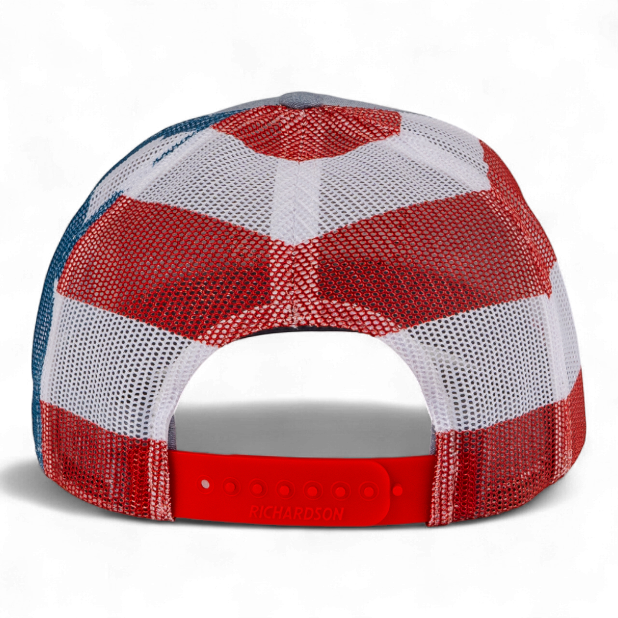Red, white, and blue checkered mesh cap on a white background