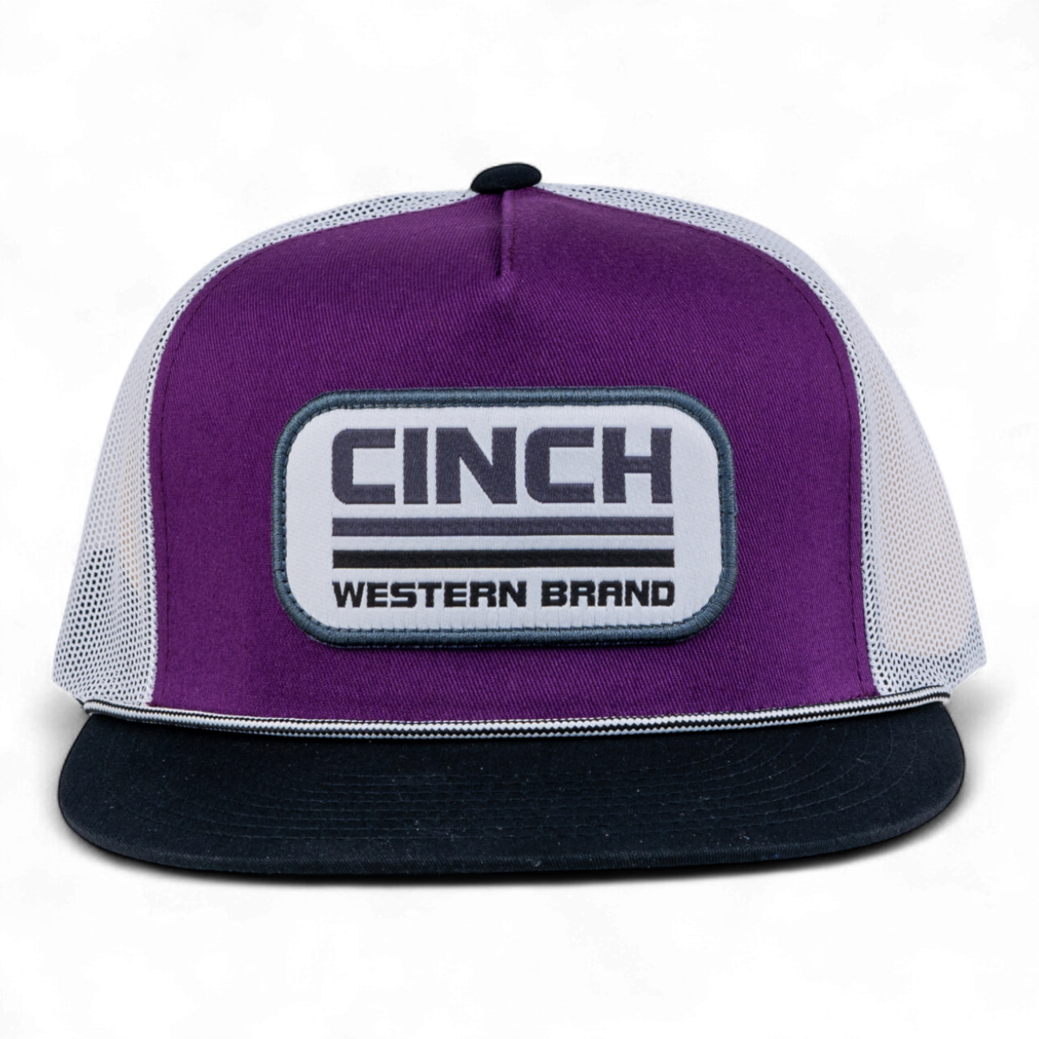 Purple and black trucker hat with Cinch Western Brand logo on a white background