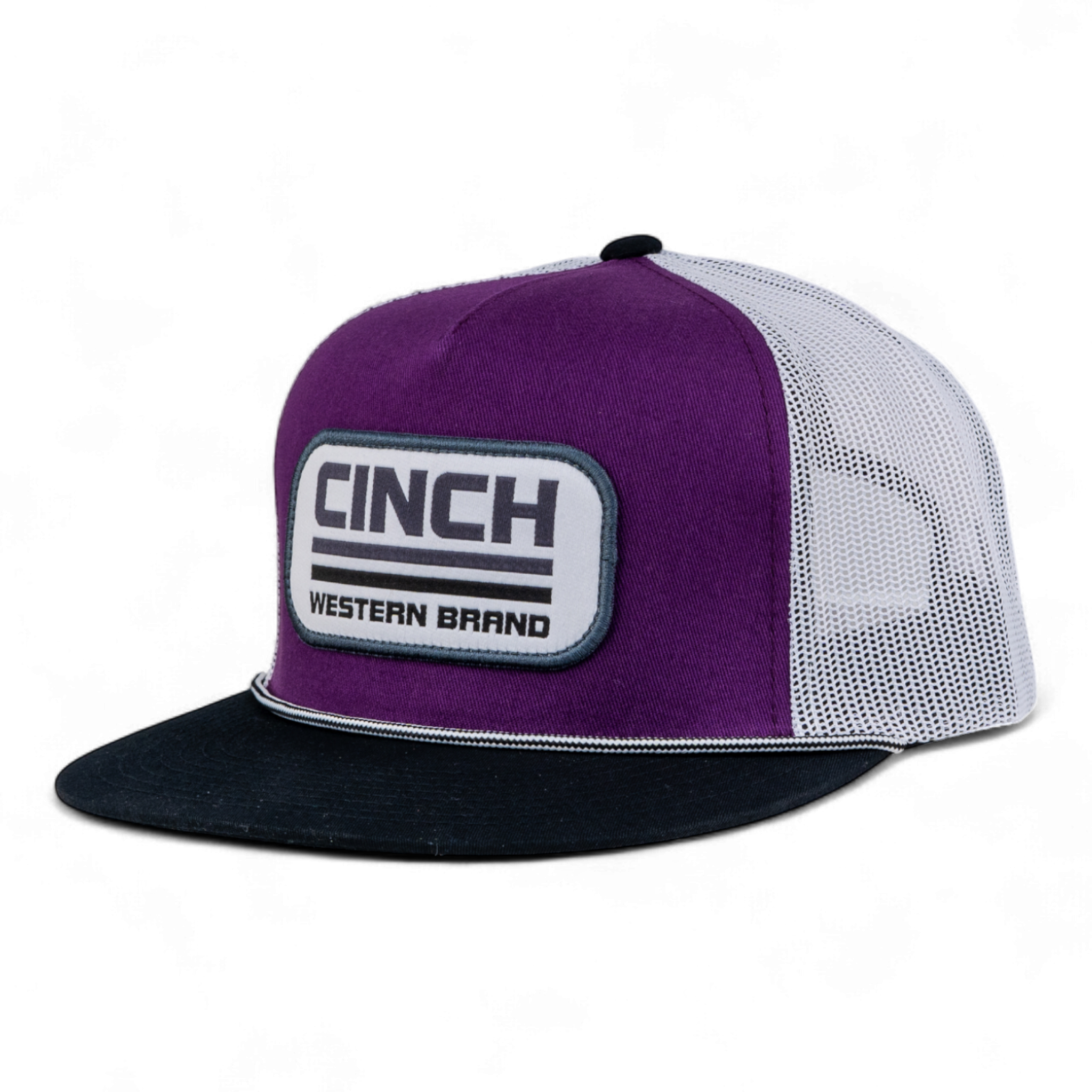 Purple and black trucker hat with Cinch Western Brand logo on a white background