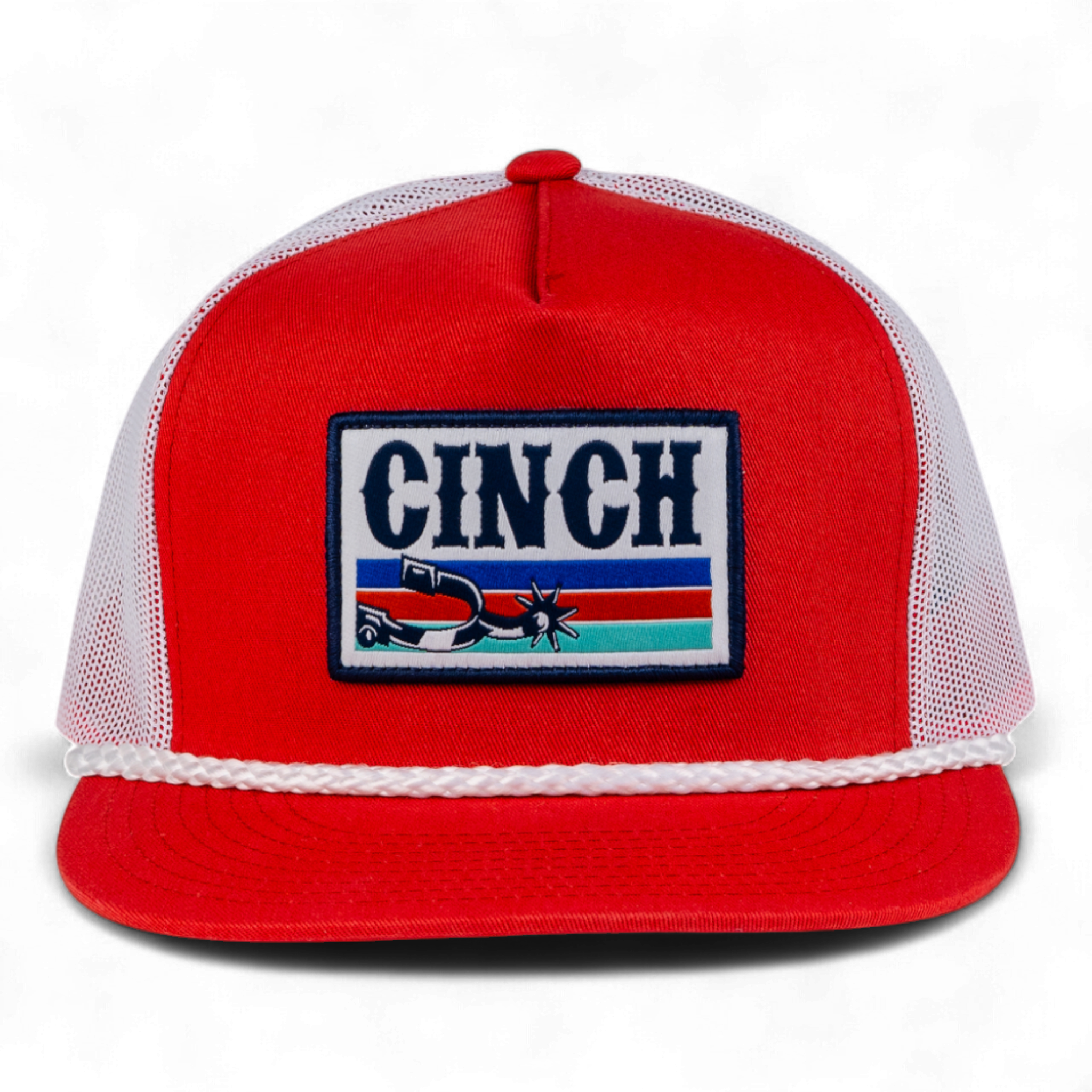 Red trucker hat with 'Cinch' logo on a white background
