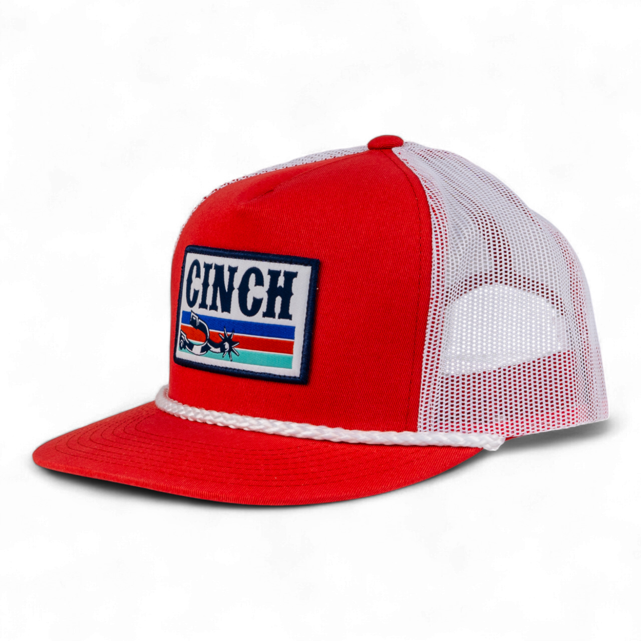 Red and white trucker hat with a Cinch logo on a white background