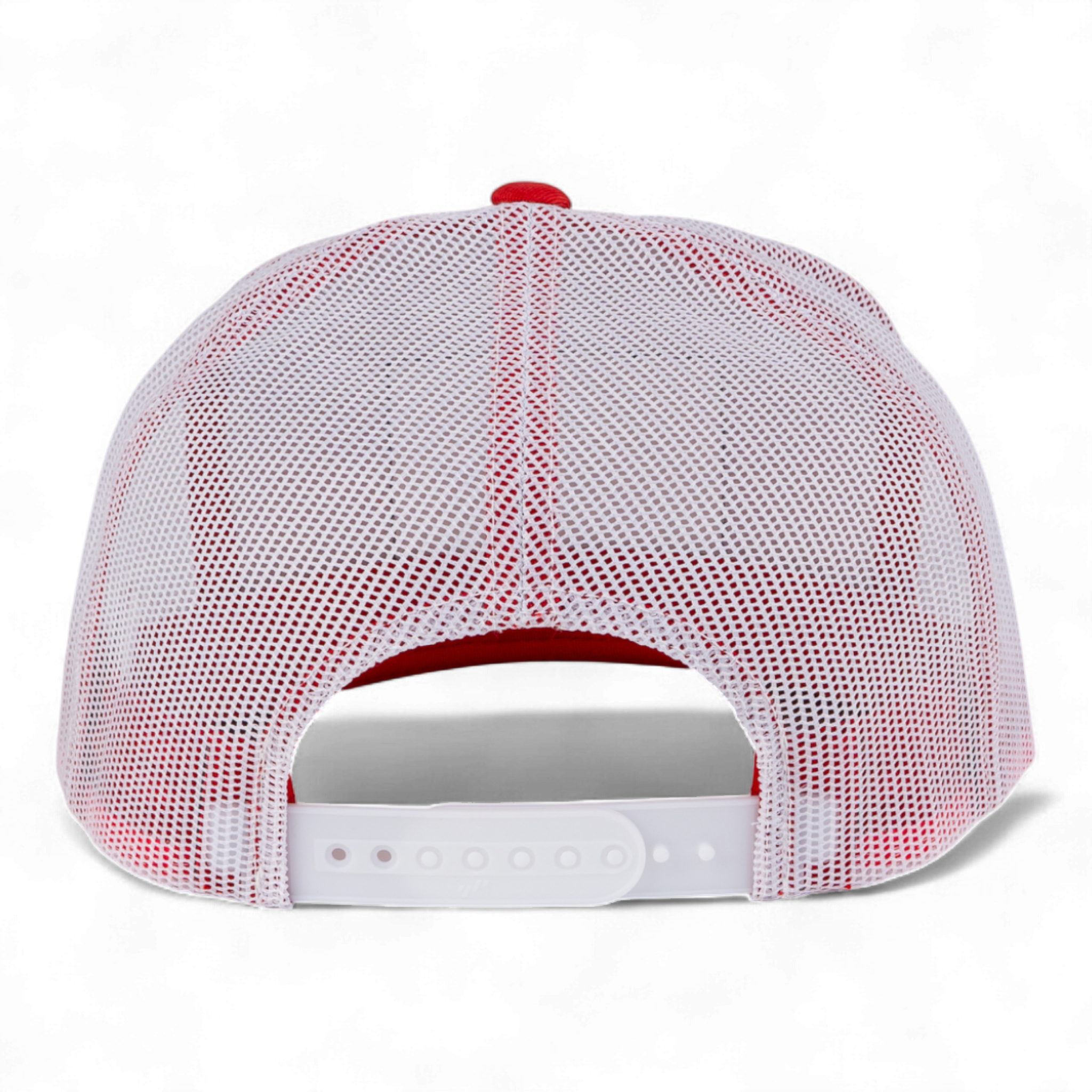 Back view of a red and white cap with mesh design on a white background