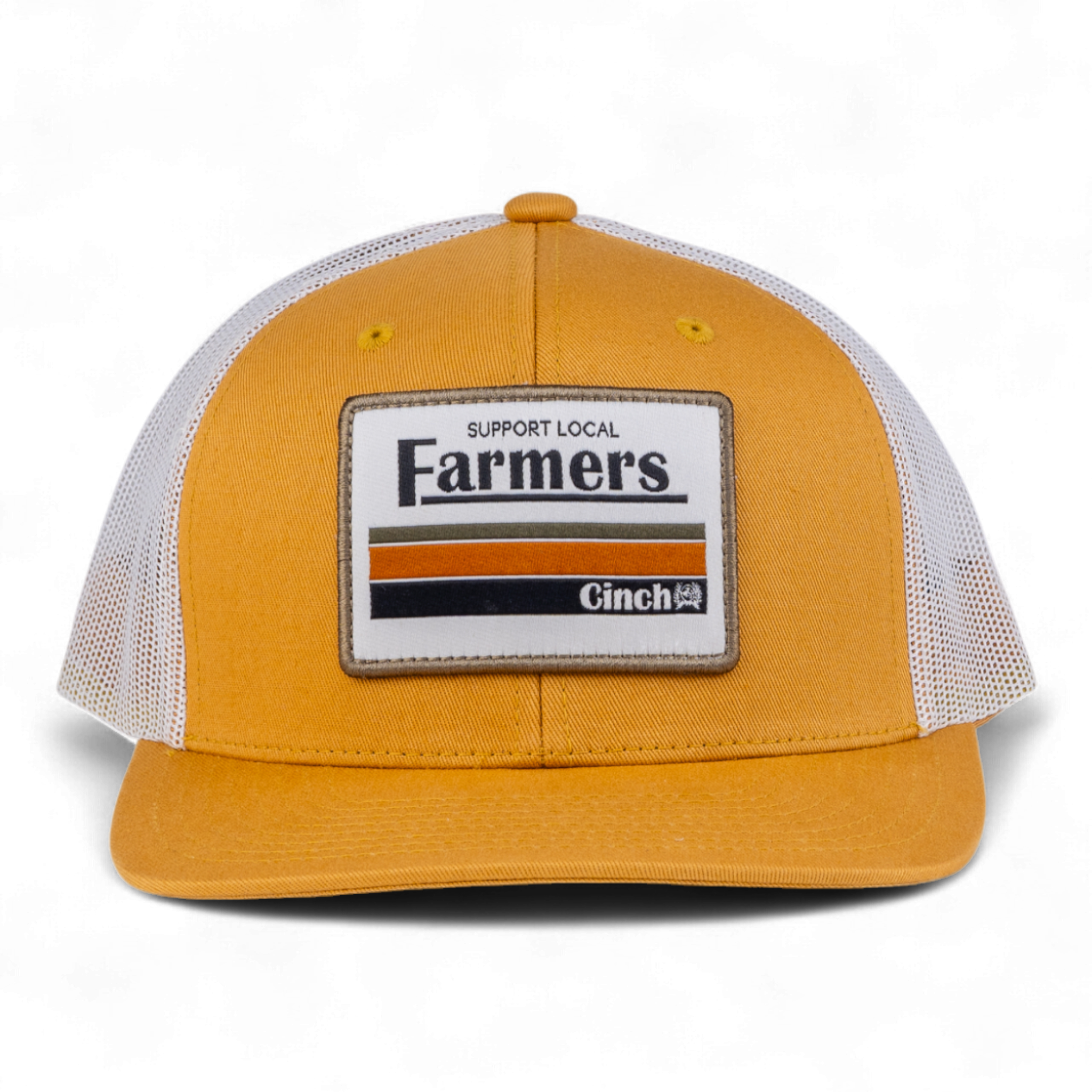 Yellow cap with 'Support Local Farmers' patch on a white background