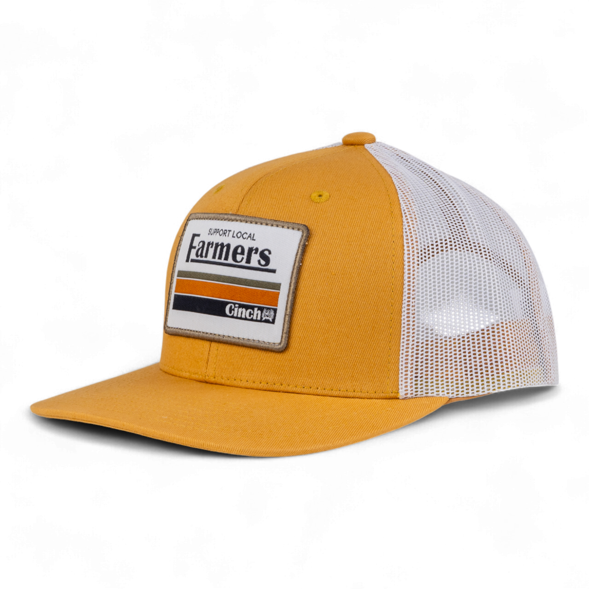 Yellow and white cap with 'Farmers' patch on a white background