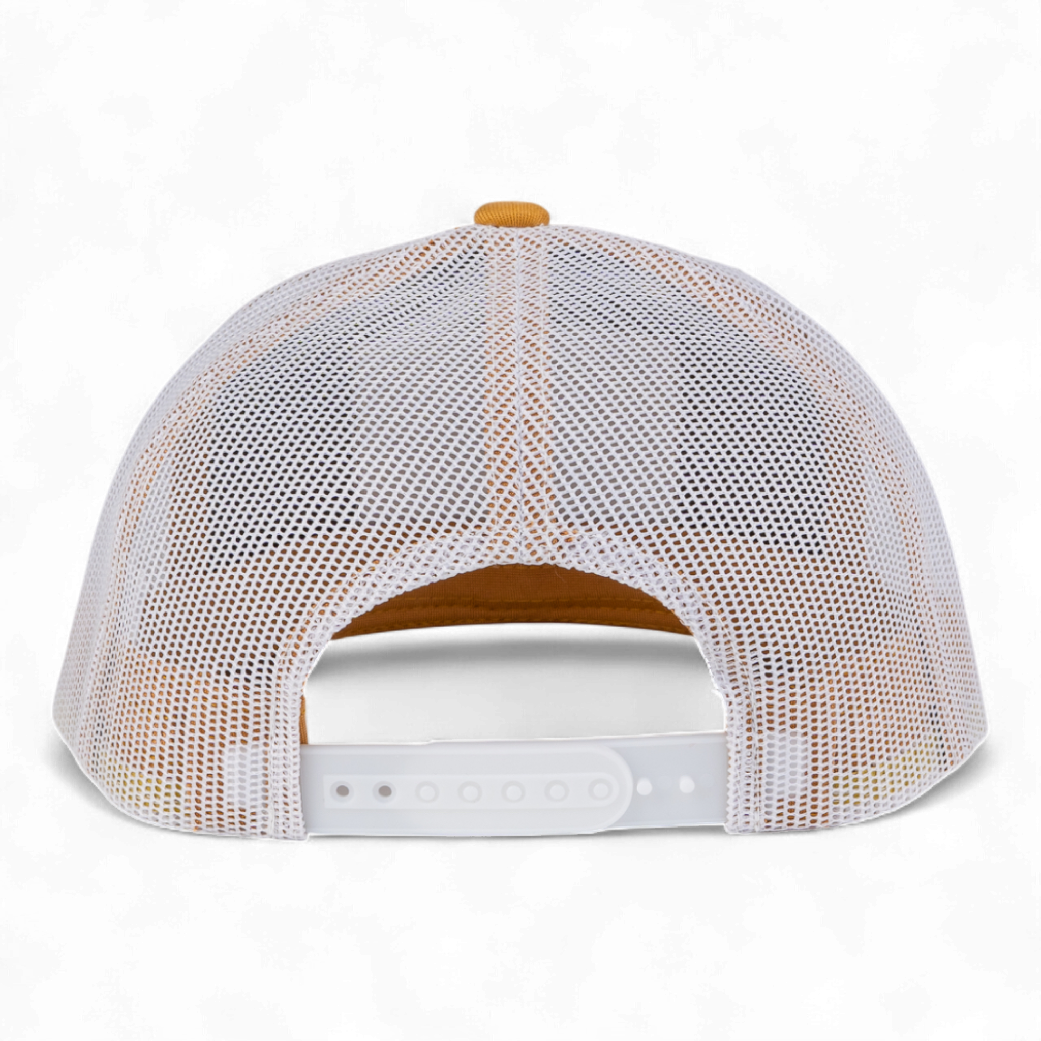 White mesh cap with brown visor on a white background