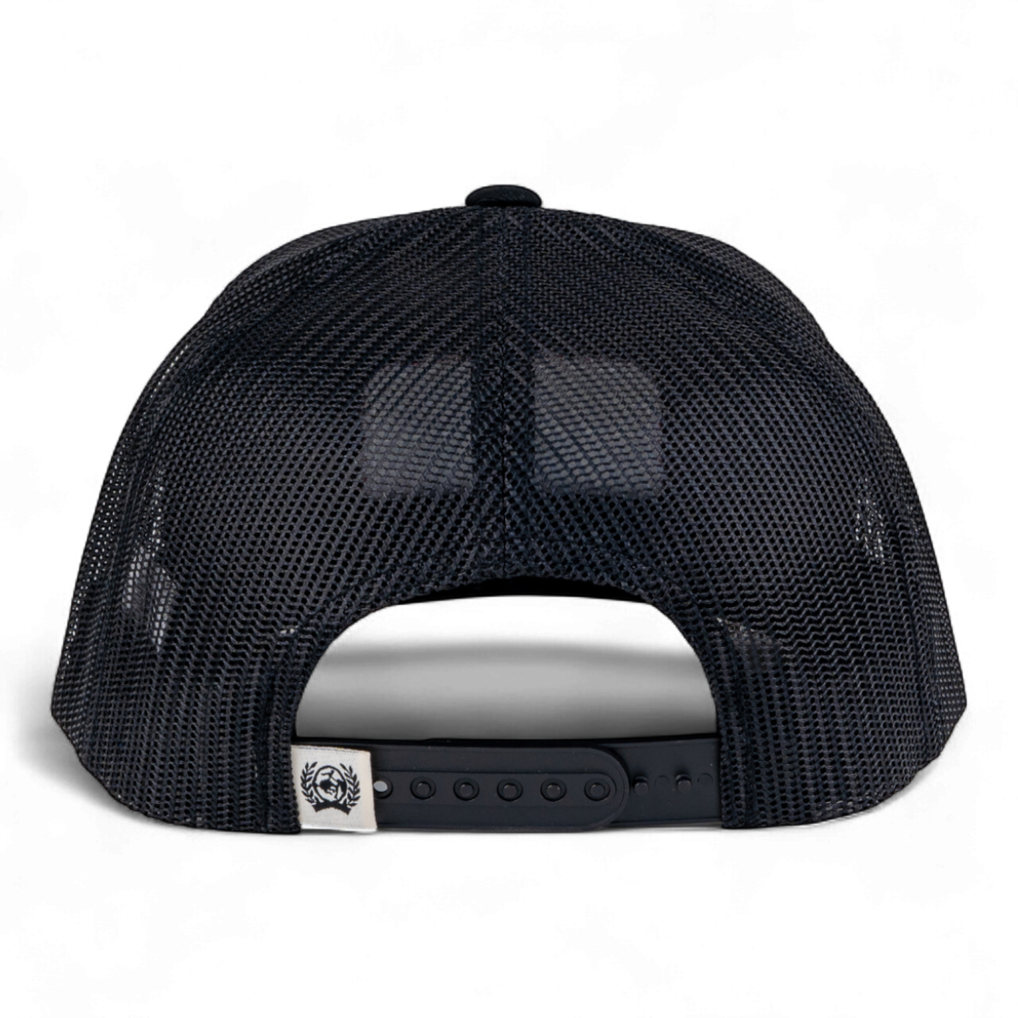 Black mesh cap with a silver bill on a white background