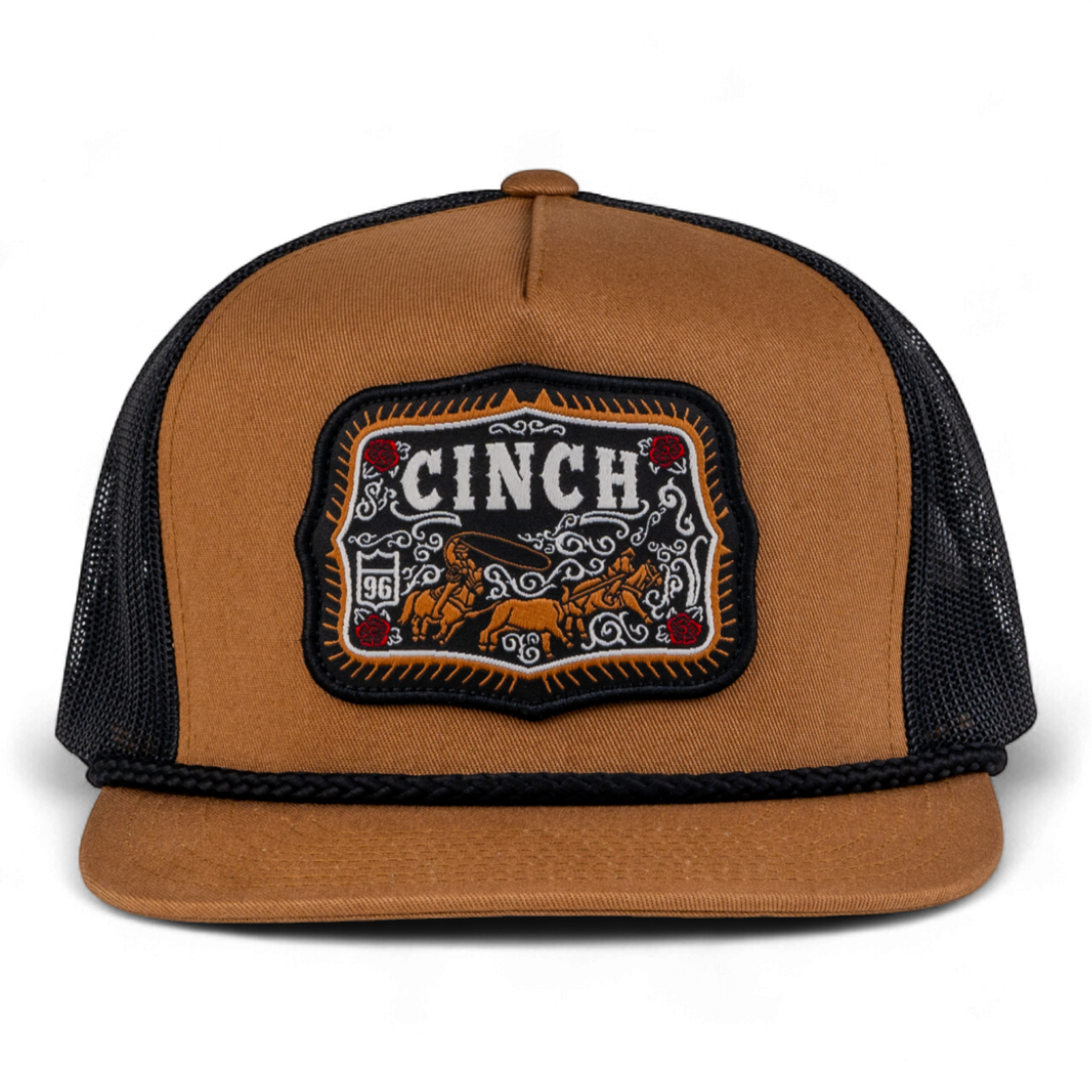 Brown trucker hat with black mesh back and Cinch logo patch on a white background