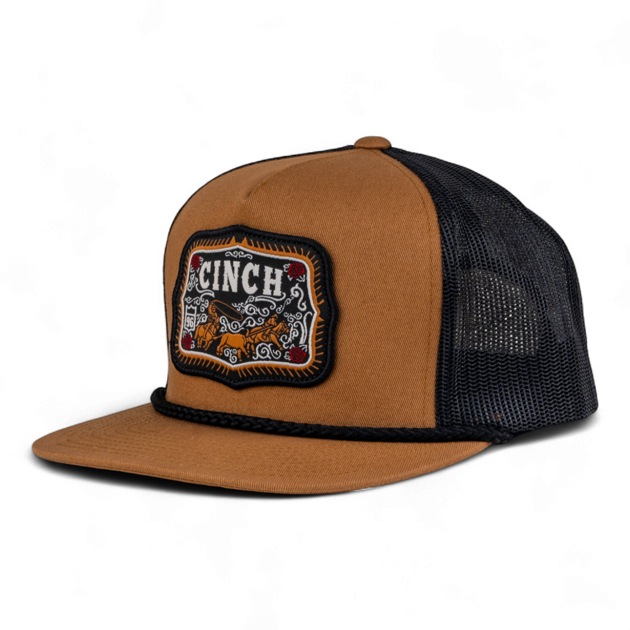 Brown and black trucker hat with Cinch logo on a white background