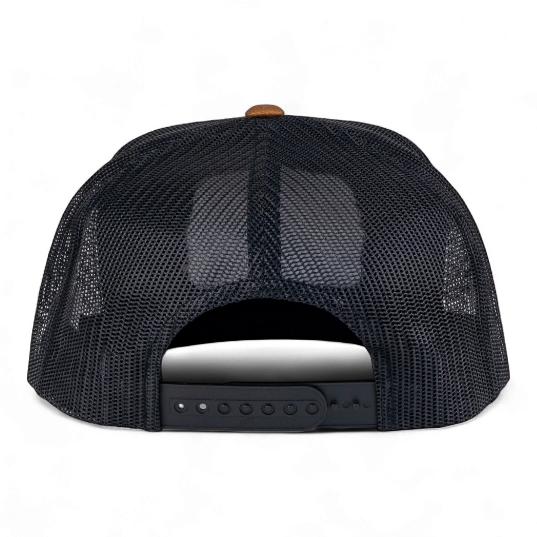Black mesh cap with a brown brim on a white background