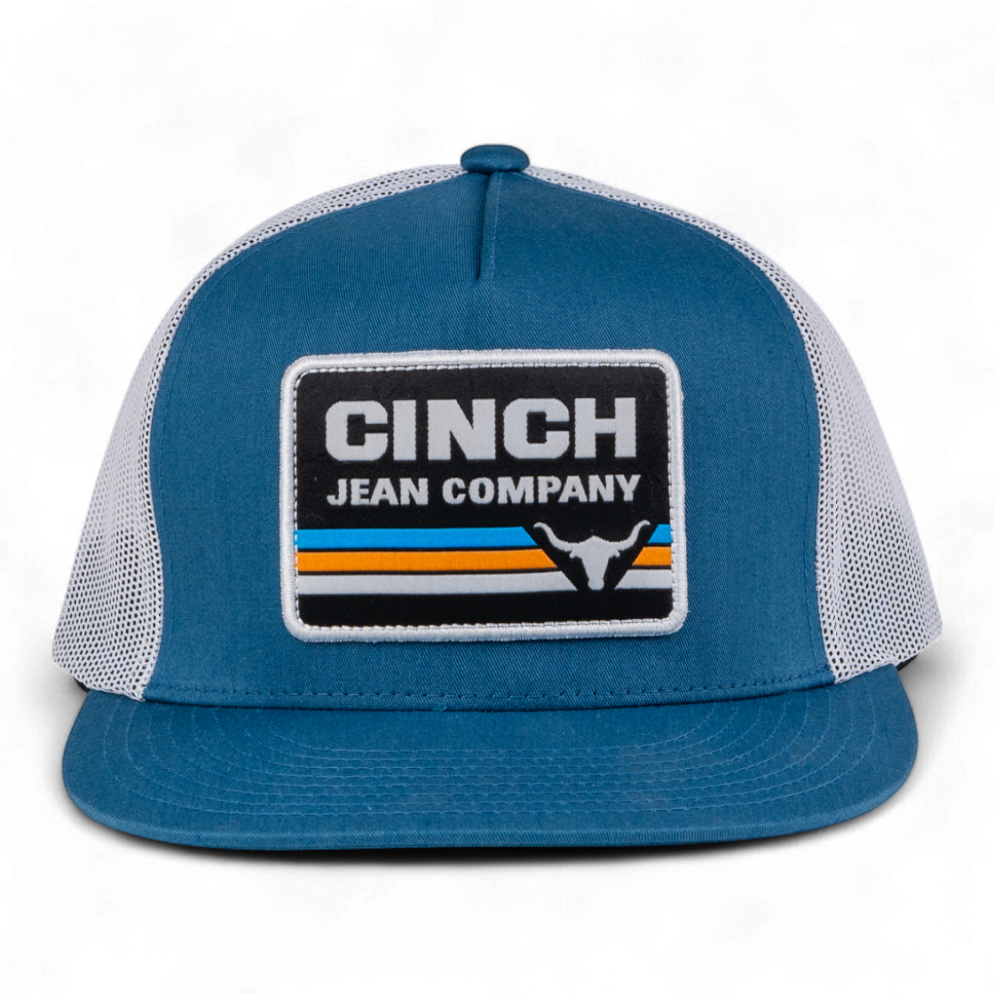 Blue and white cap with Cinch Jean Company logo on a white background