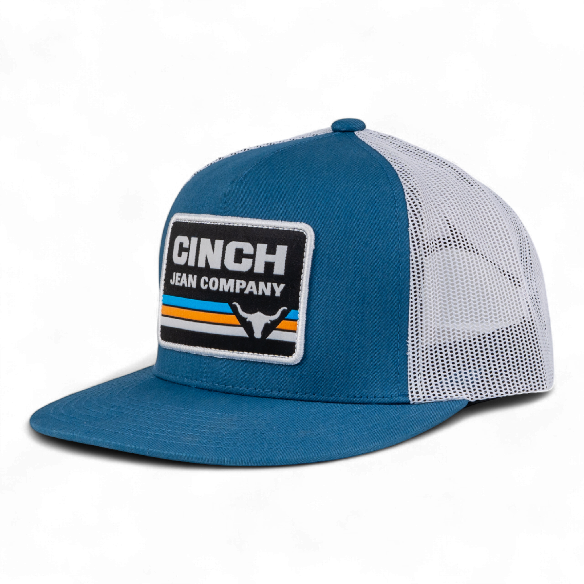 Blue and white trucker hat with Cinch Jean Company logo on a white background
