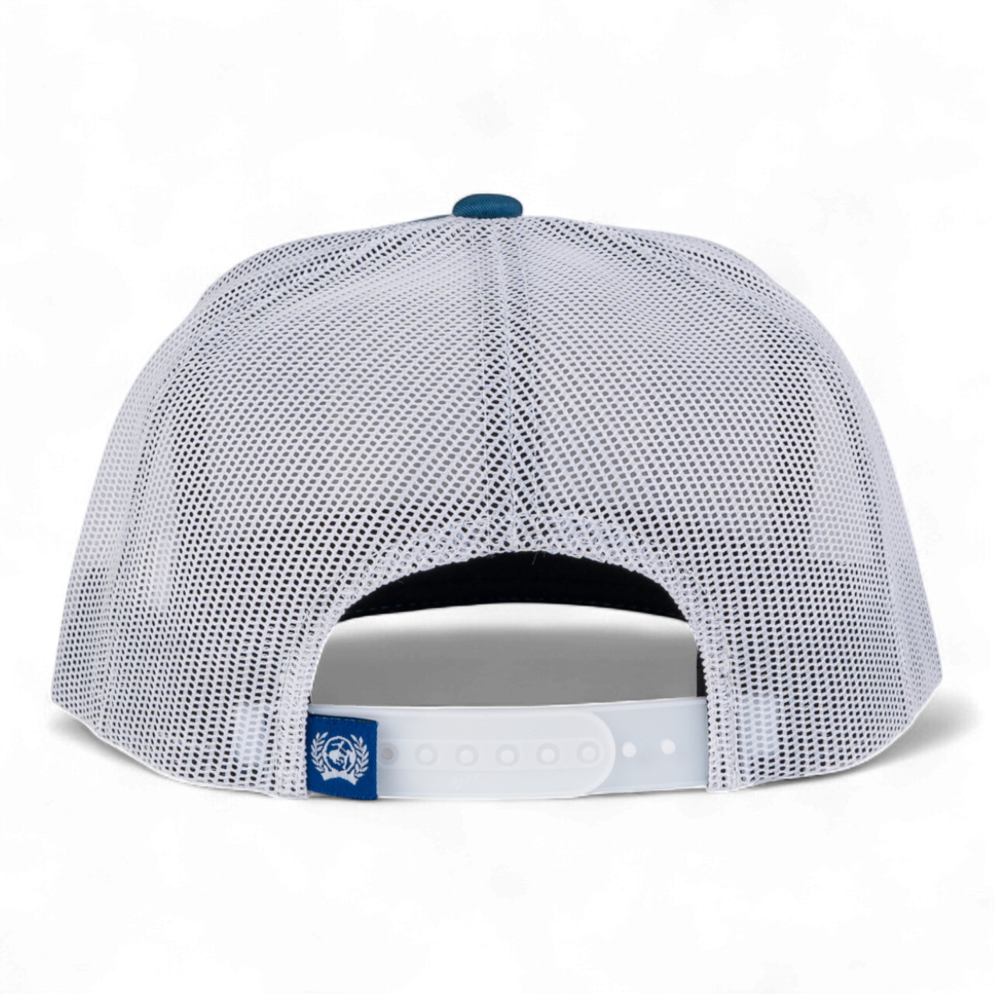 Back view of a white mesh cap with a blue logo on a white background