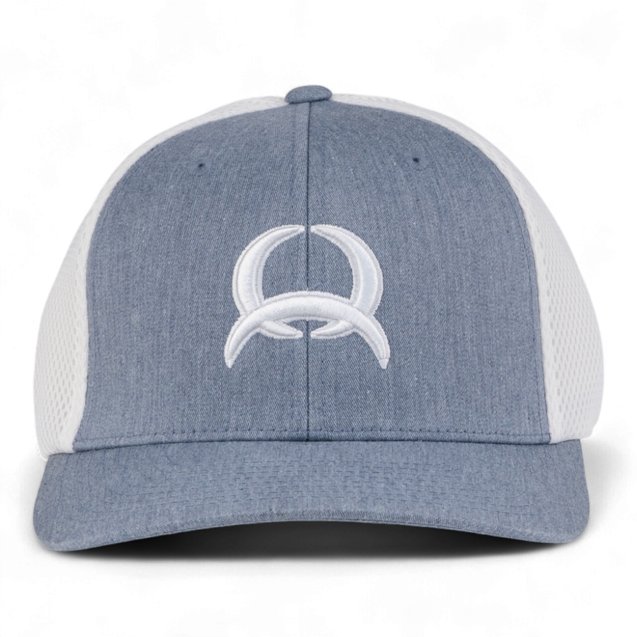 Blue and white cap with a logo on a white background