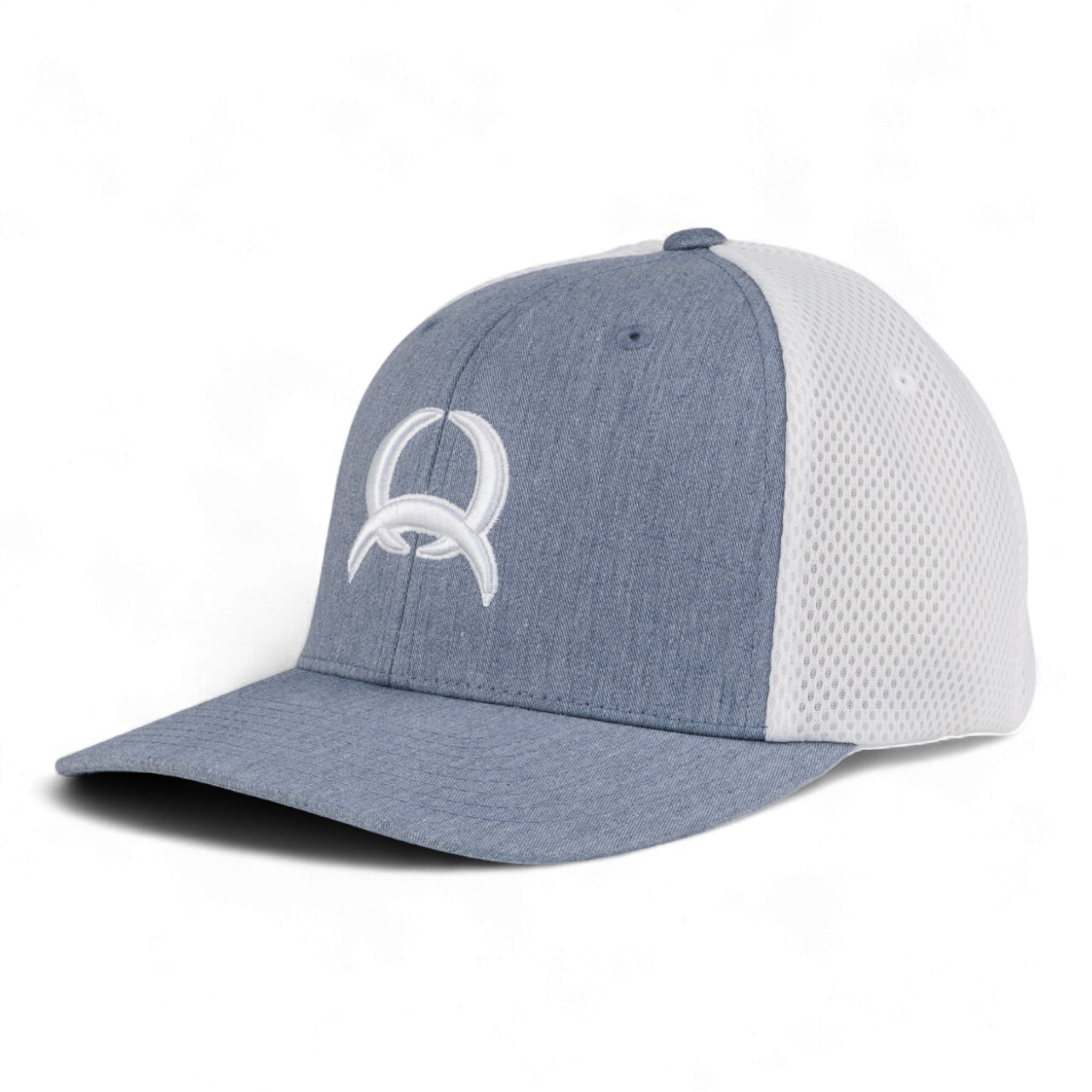 Blue and white baseball cap with a logo on a white background