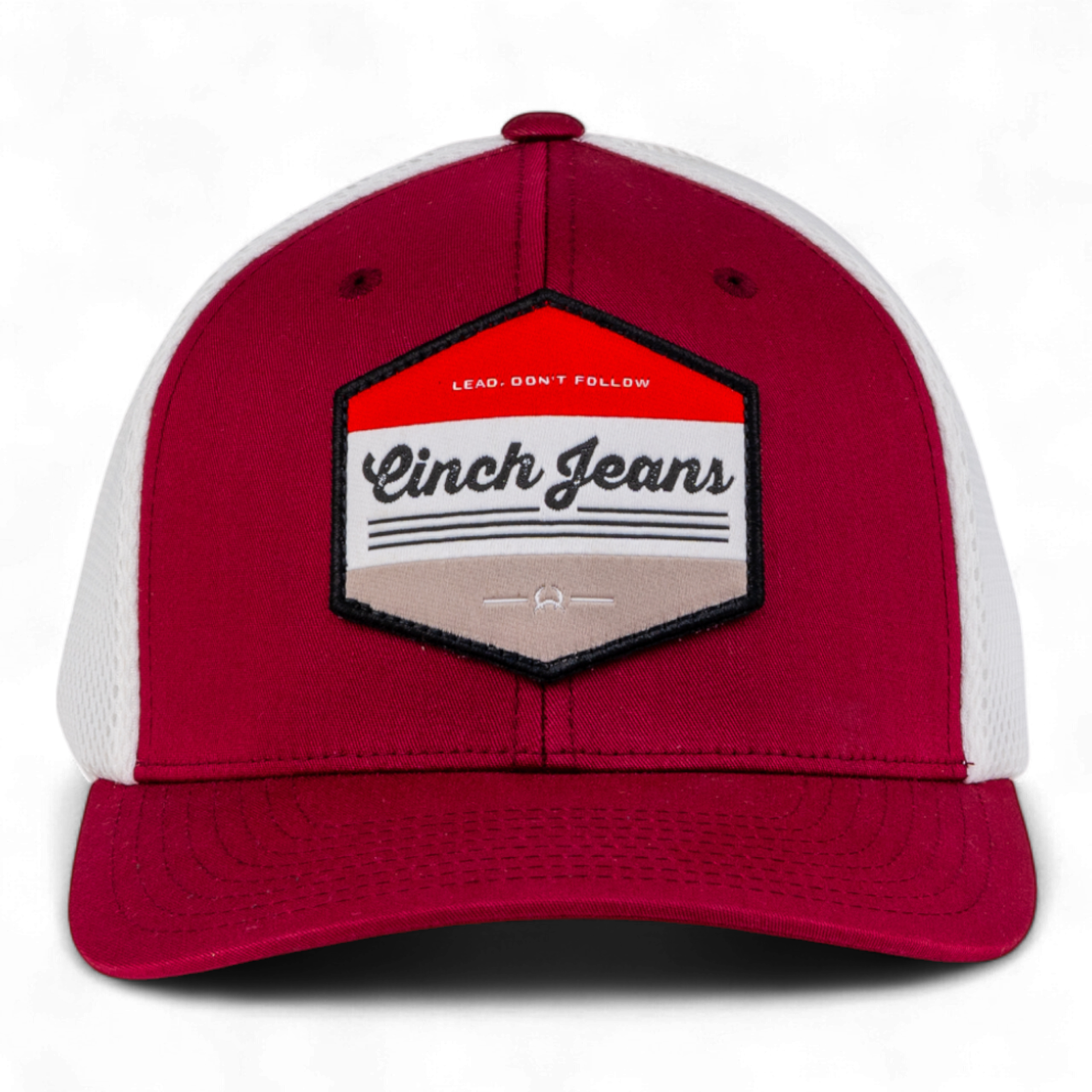 Red and white cap with Cinch Jeans logo on a white background