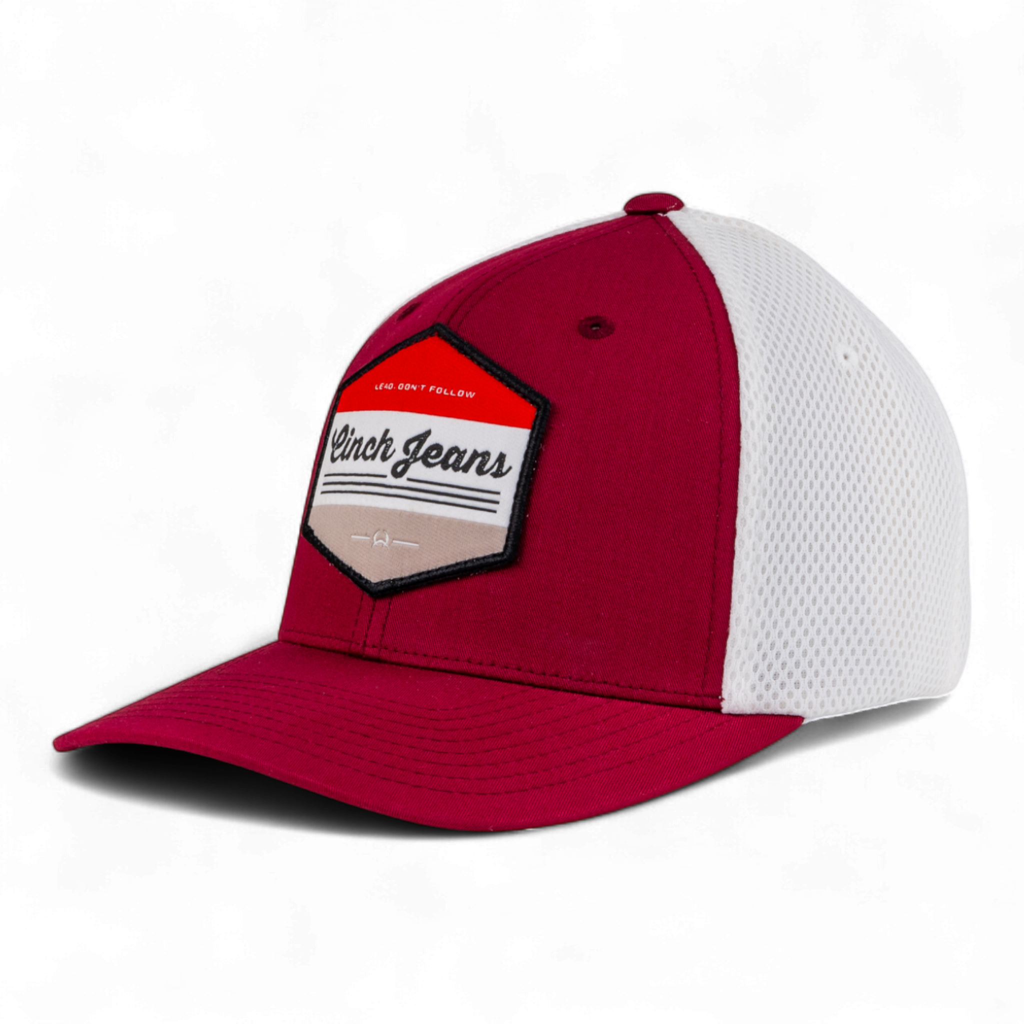 Red and white cap with a branded patch on a white background
