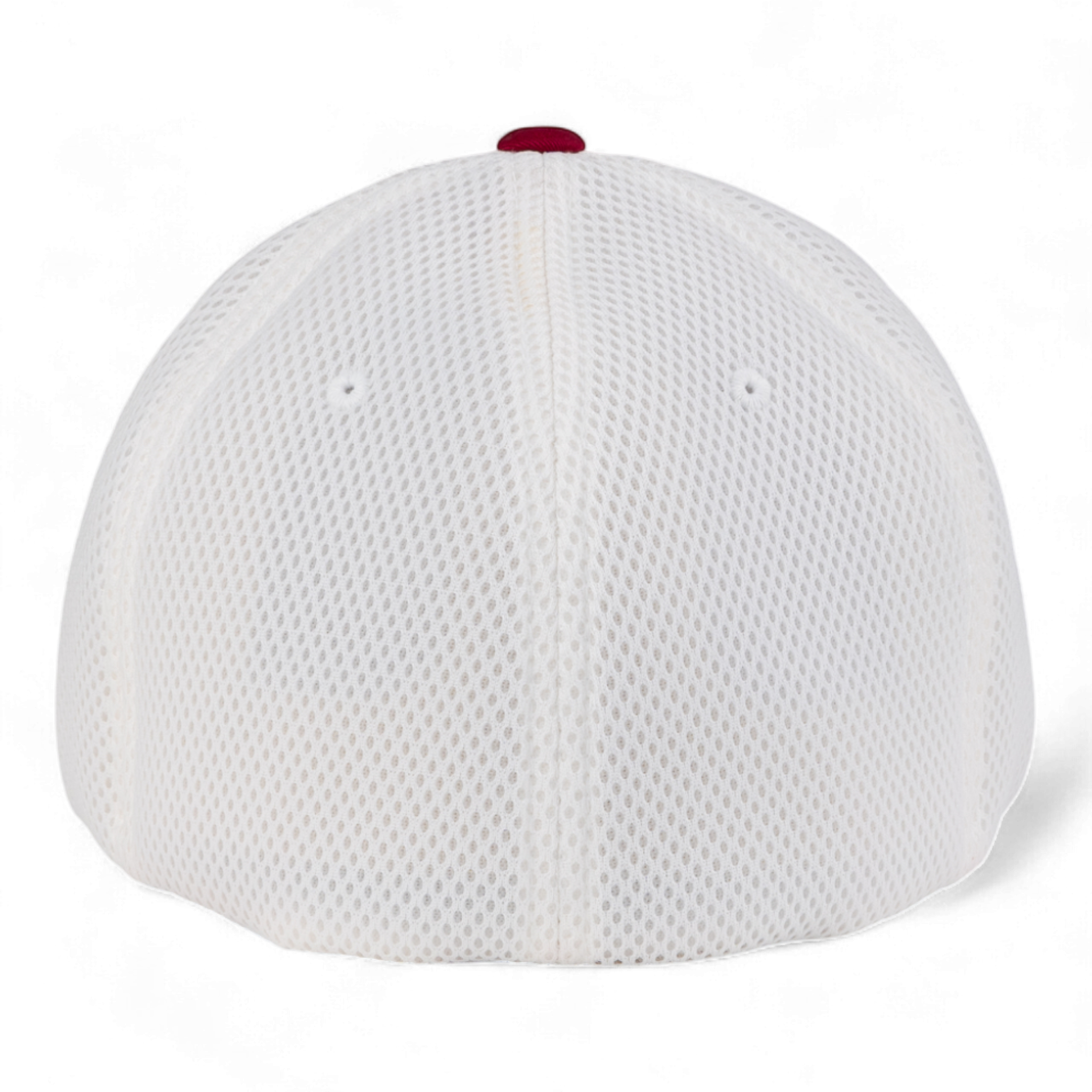 White baseball cap with a red brim on a white background