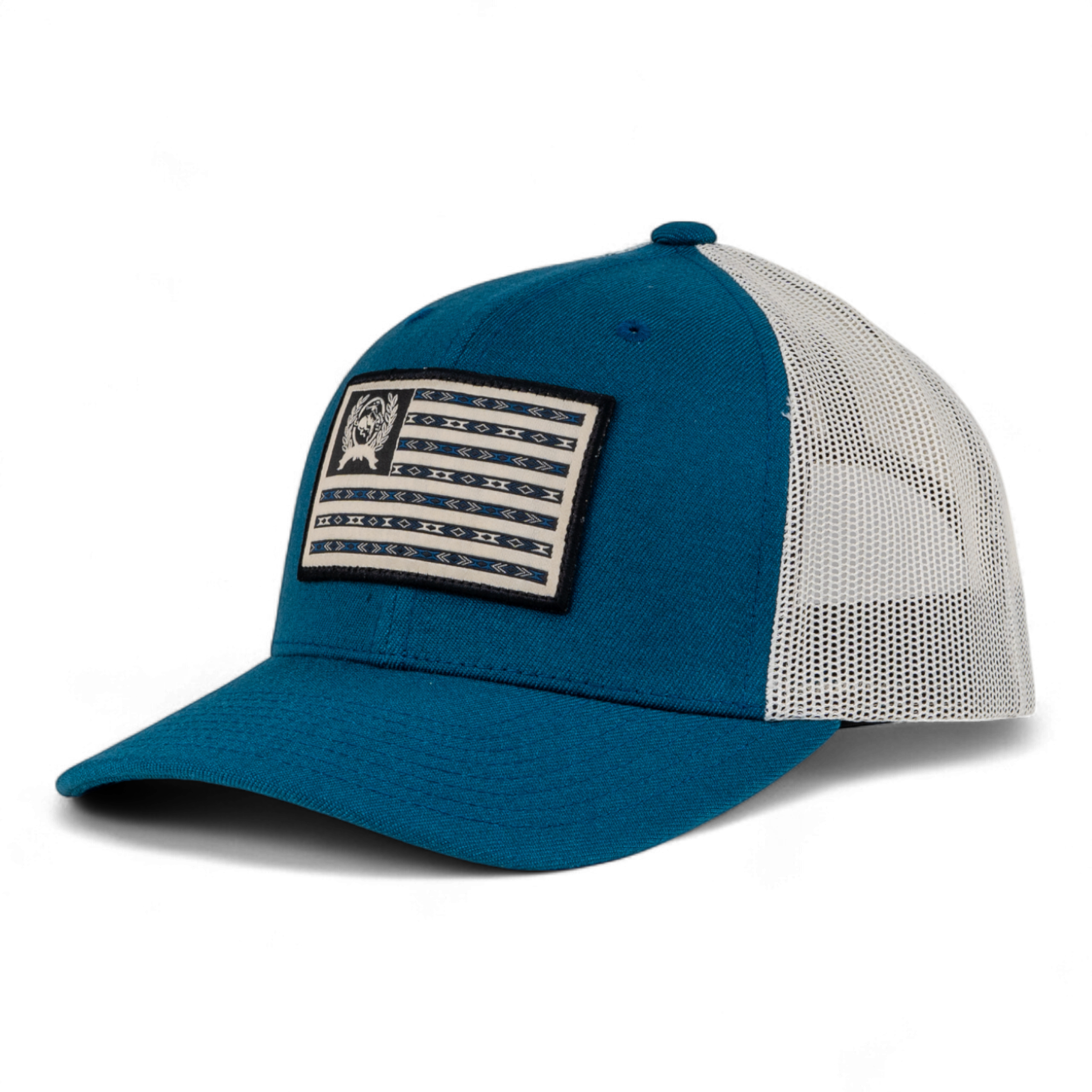 Blue and white trucker hat with an American flag patch on a white background