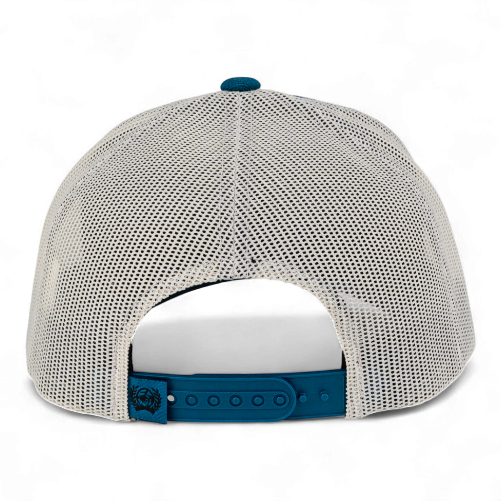 Back view of a cap with mesh design and blue brim on a white background