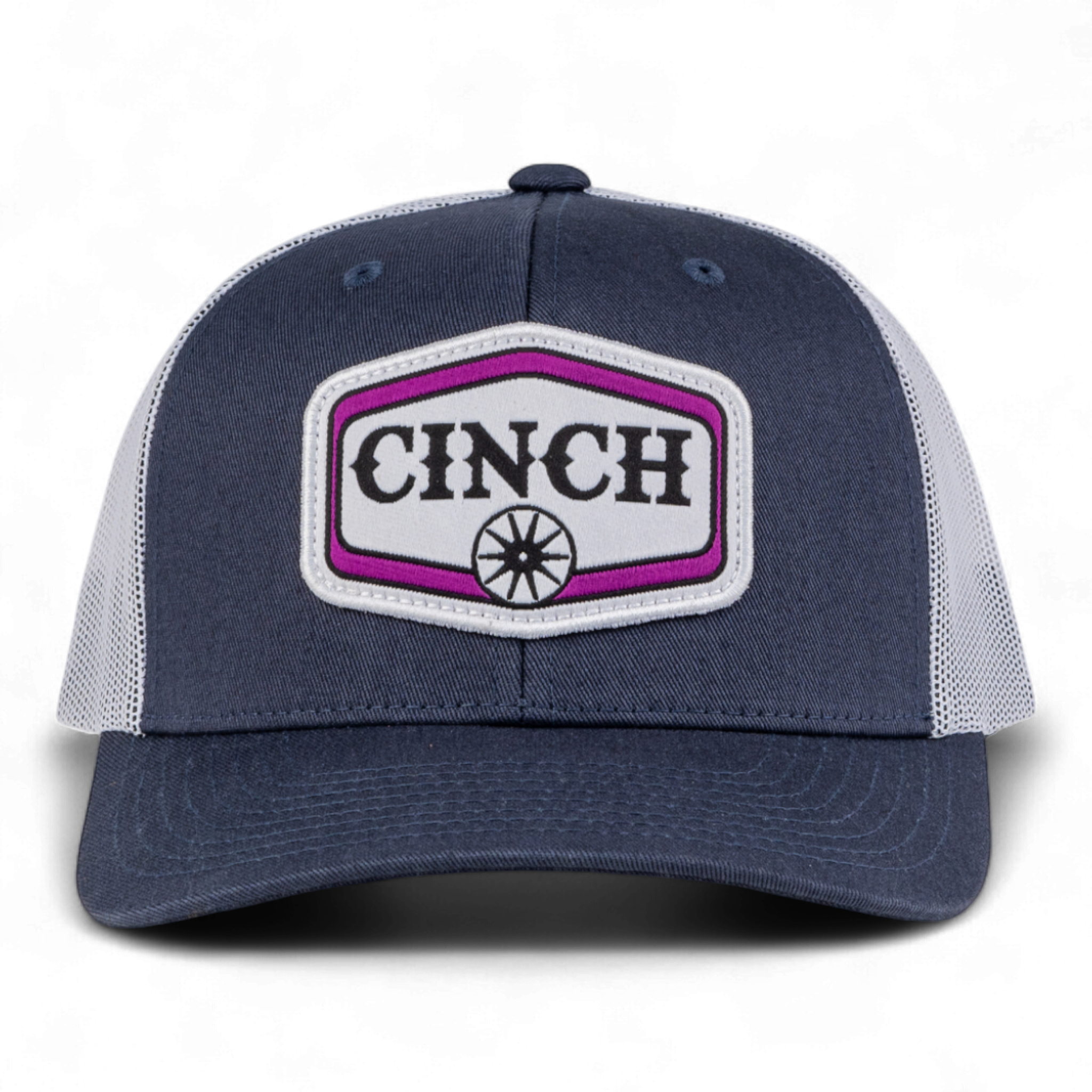 Navy blue and gray cap with a Cinch logo on a white background