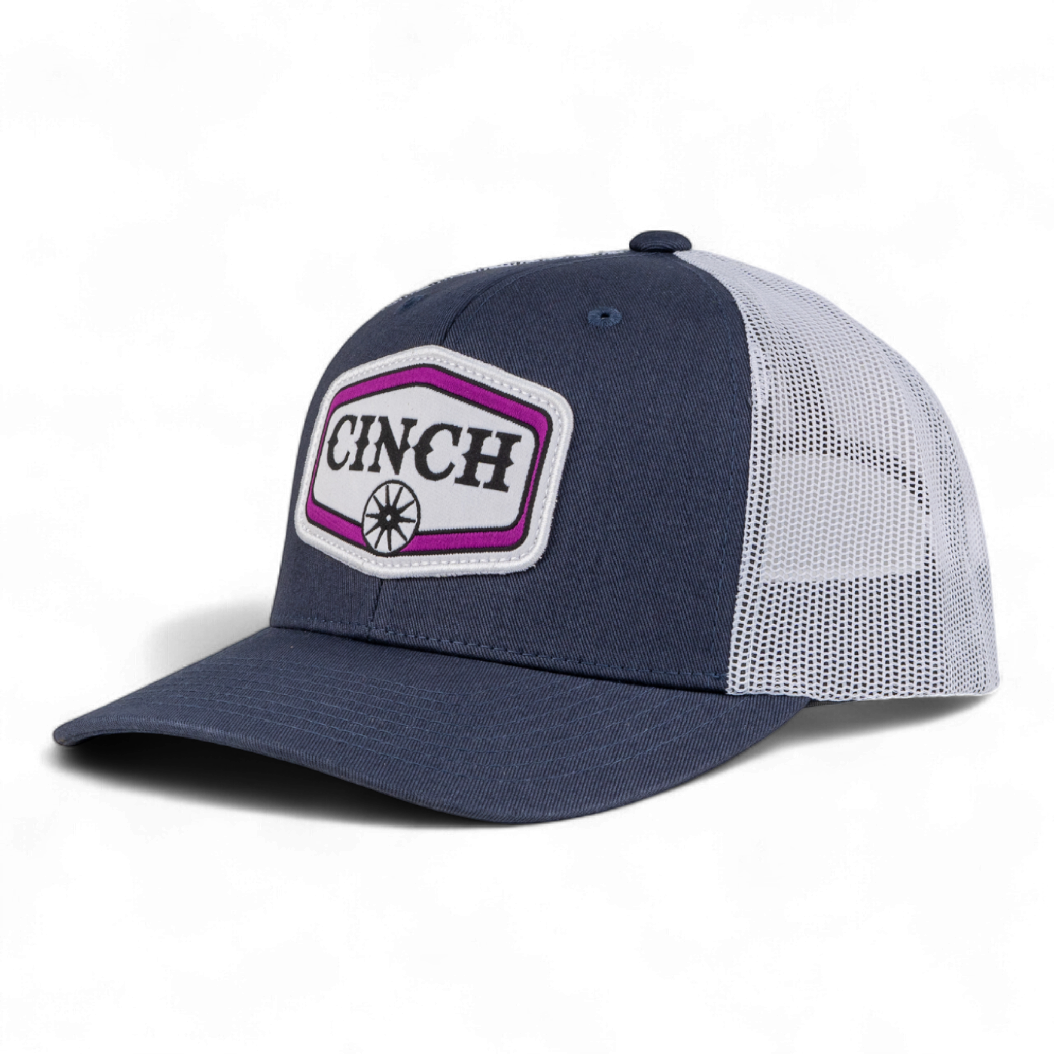 Blue and white trucker hat with Cinch logo on a white background