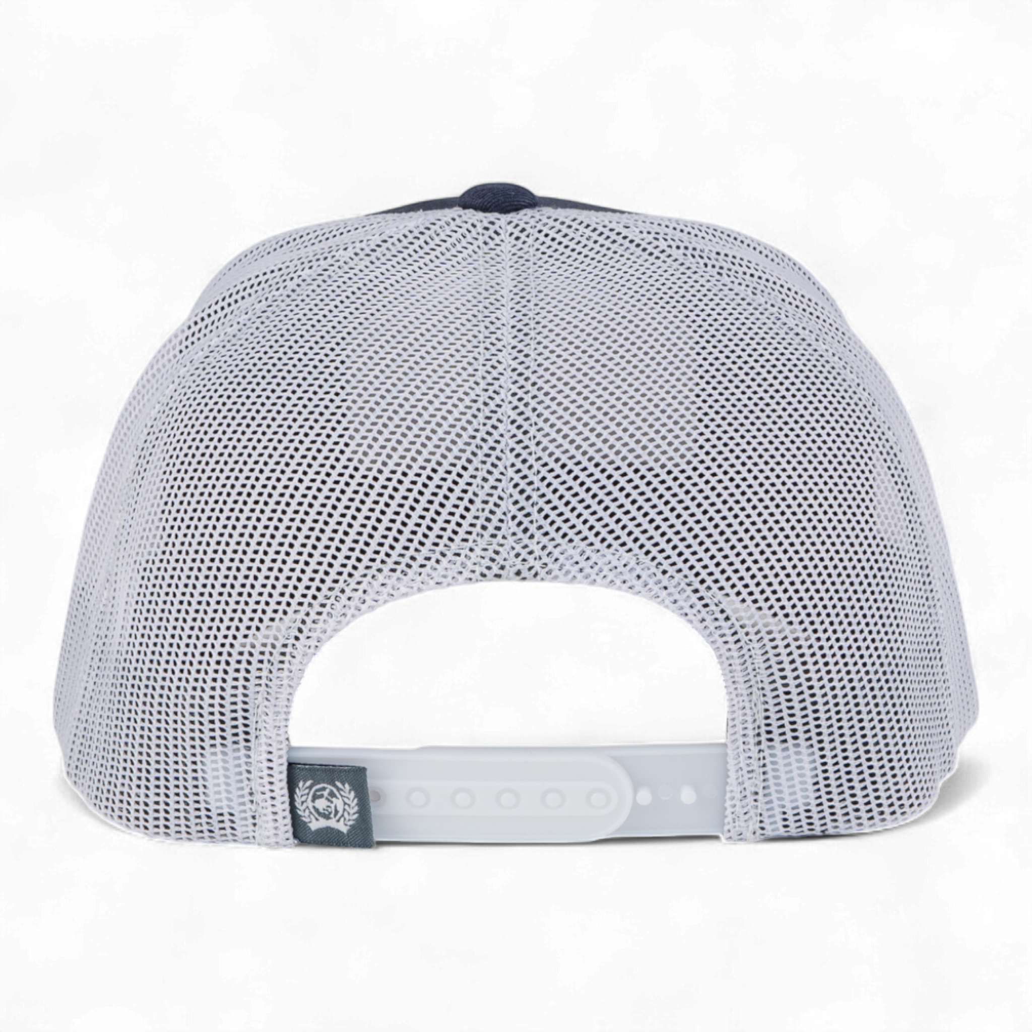Back view of a mesh cap with a brand logo on a white background