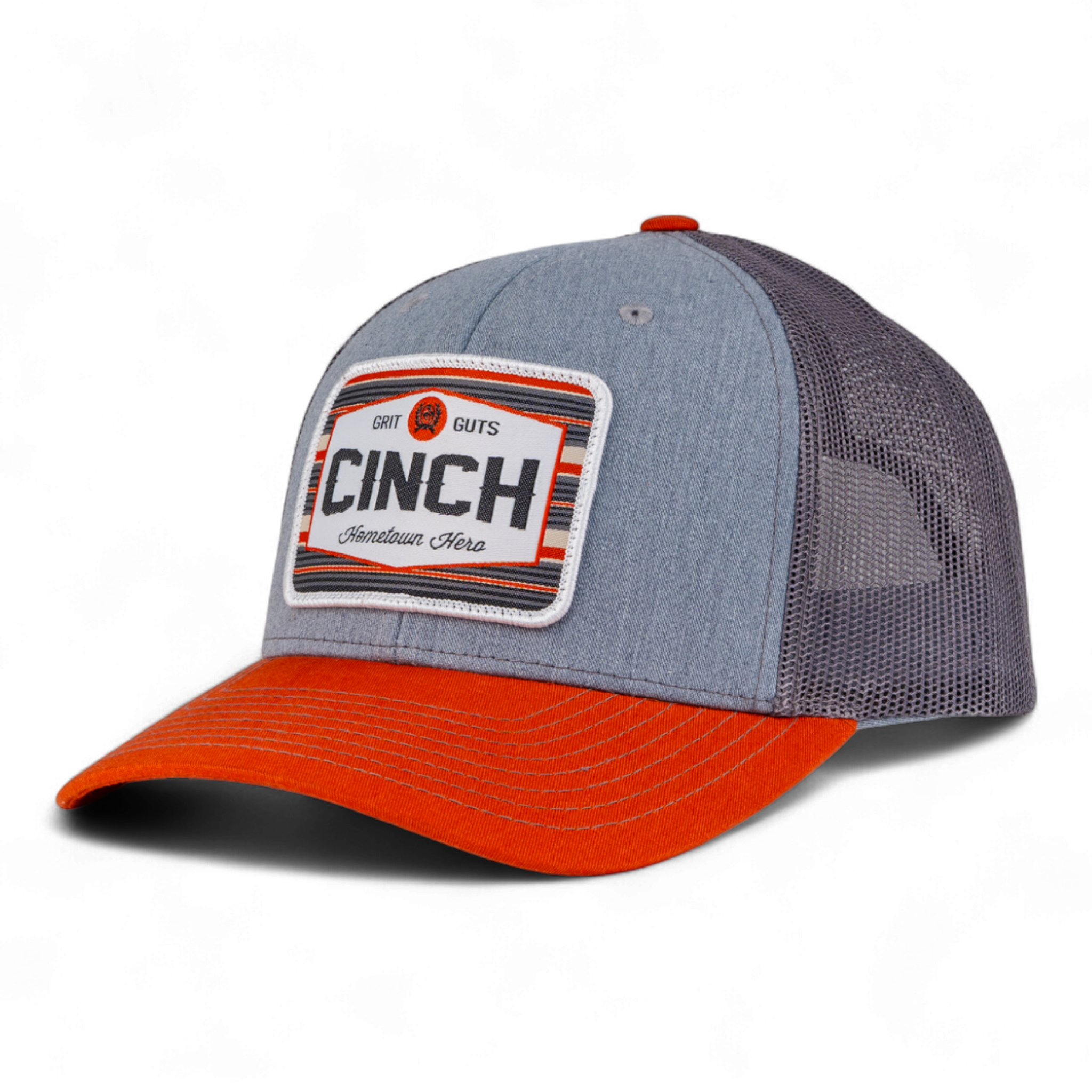 Gray and orange cap with a Cinch logo on a white background