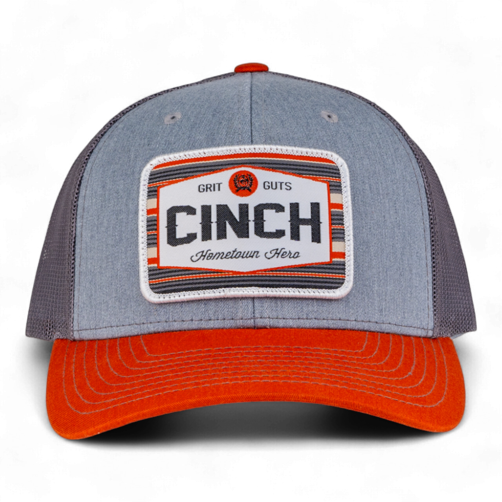 Gray and orange cap with Cinch logo on a white background