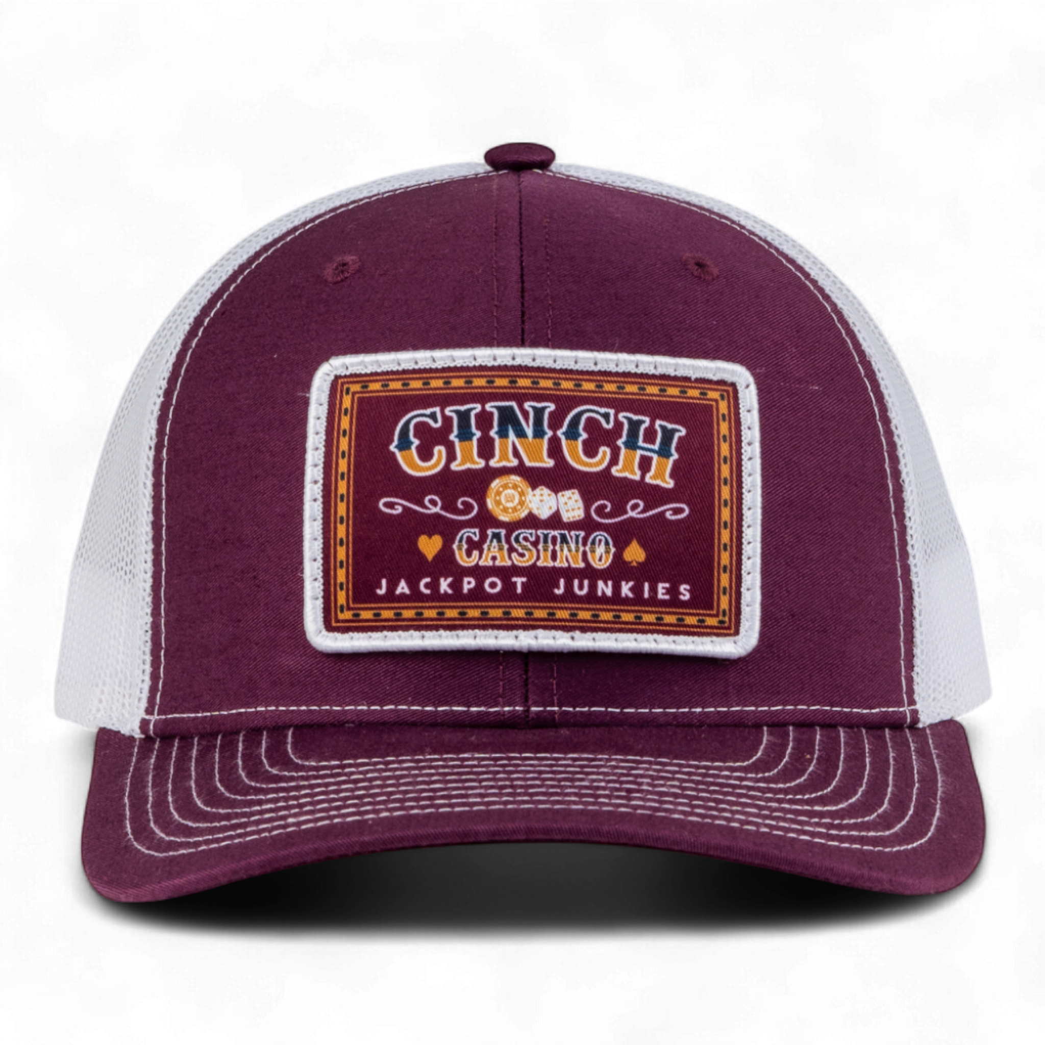 Maroon and white cap with Cinch logo on a white background