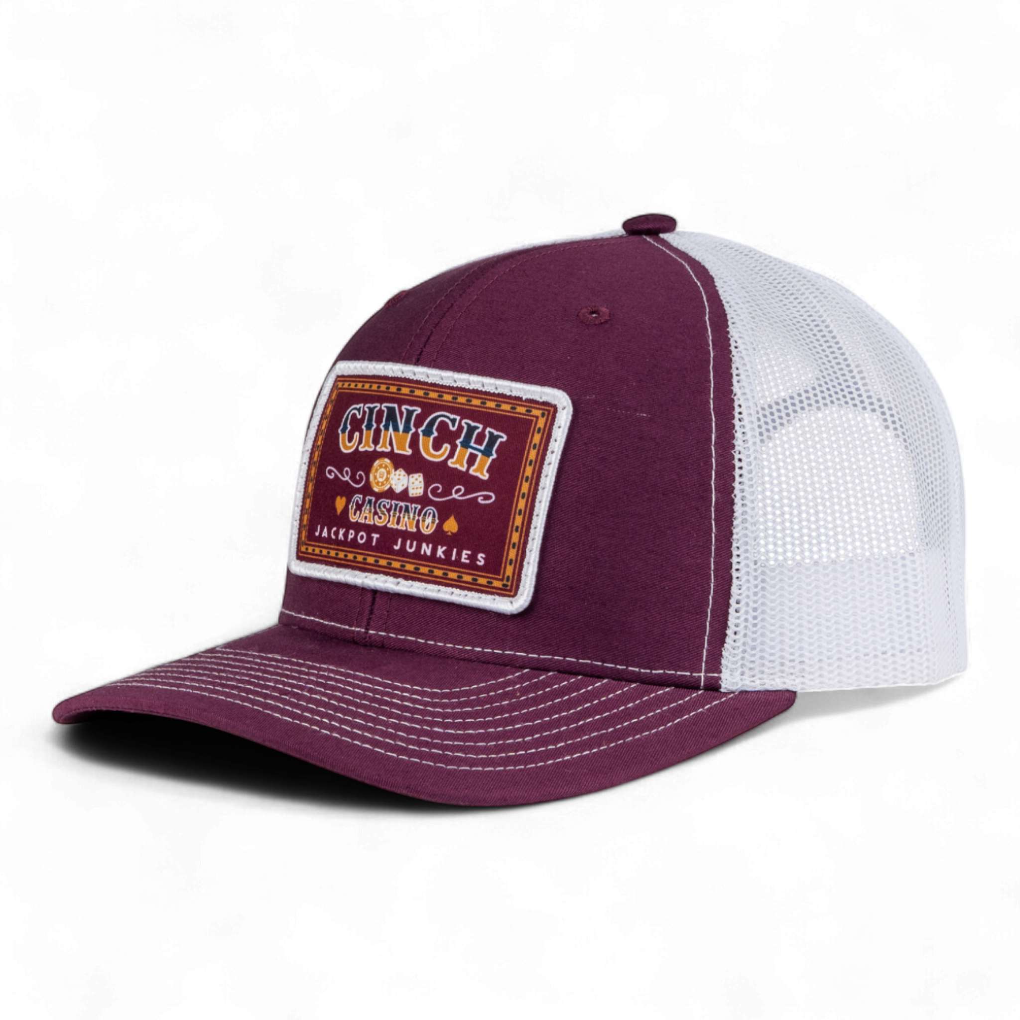 Maroon and white cap with a patch on a white background