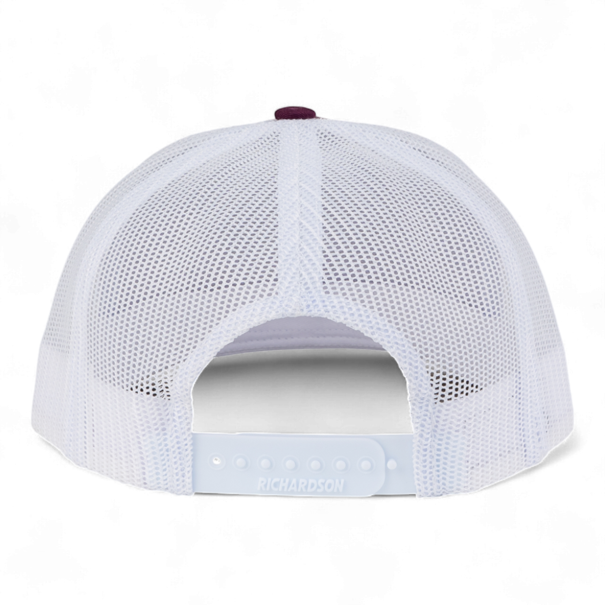 White mesh cap with a red and black brim on a white background