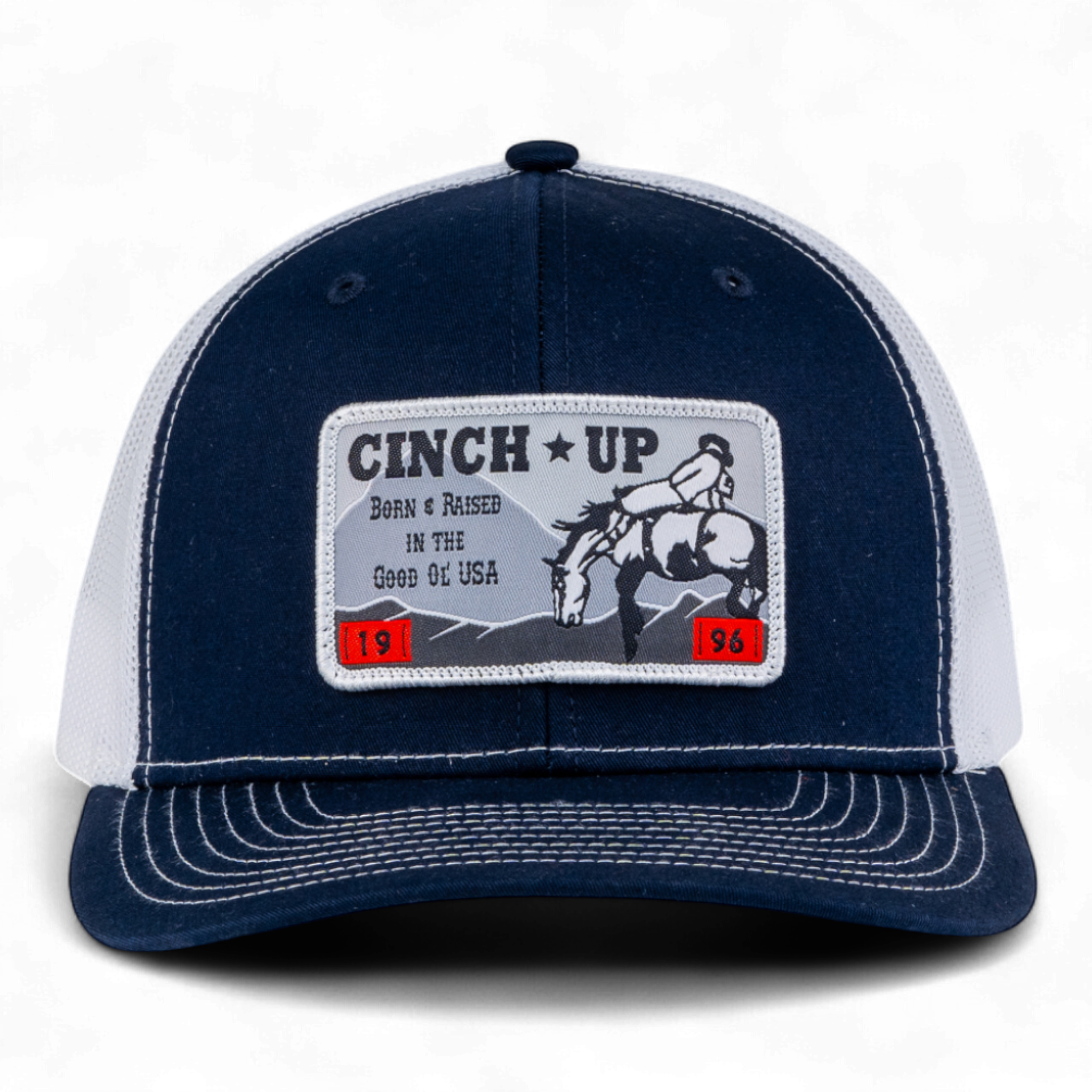 Navy and white cap with 'Cinch Up' logo on a white background