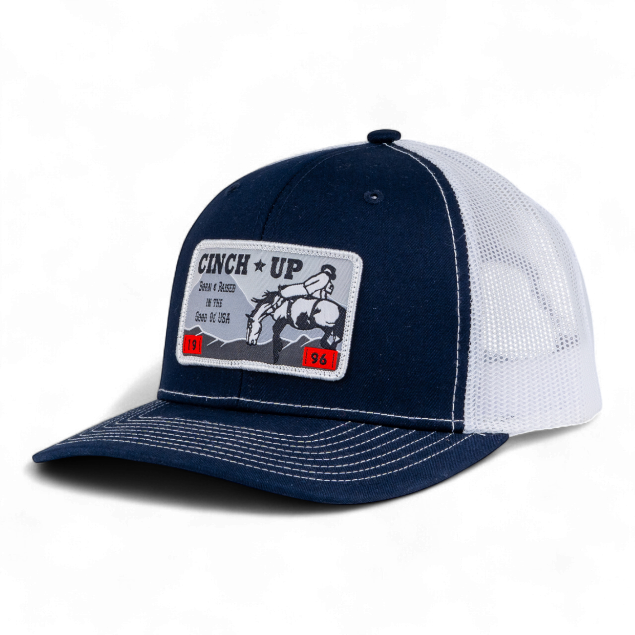 Navy and white cap with a patch on a white background