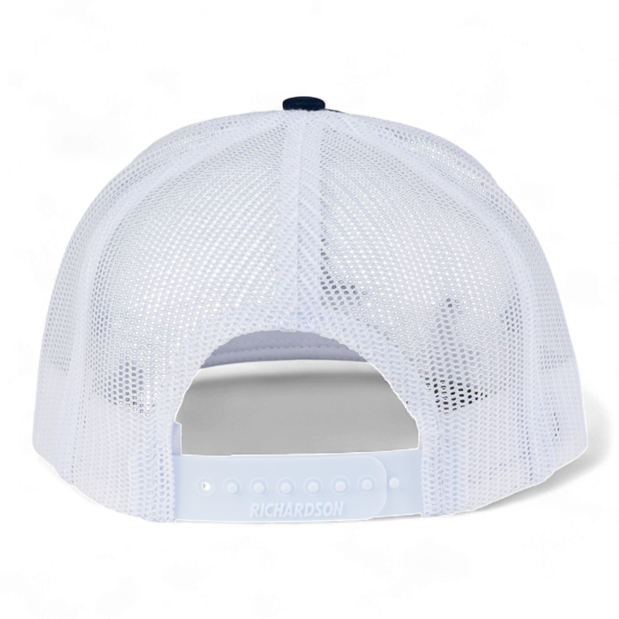 White mesh cap with a blue brim on a white background