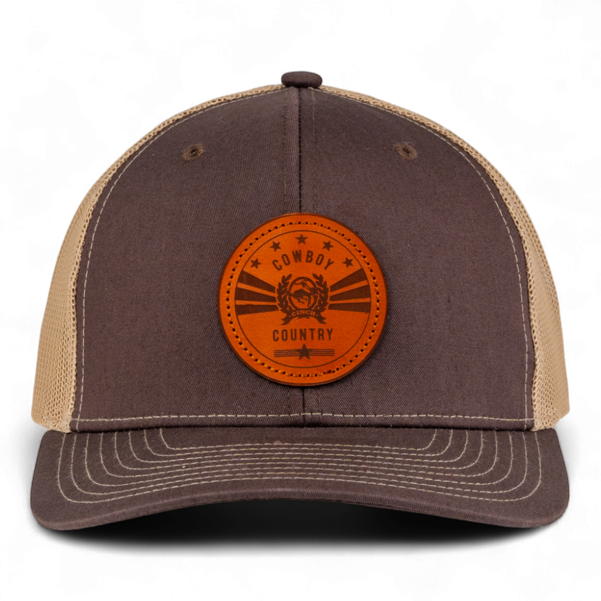 Brown and beige cap with an orange patch on a white background