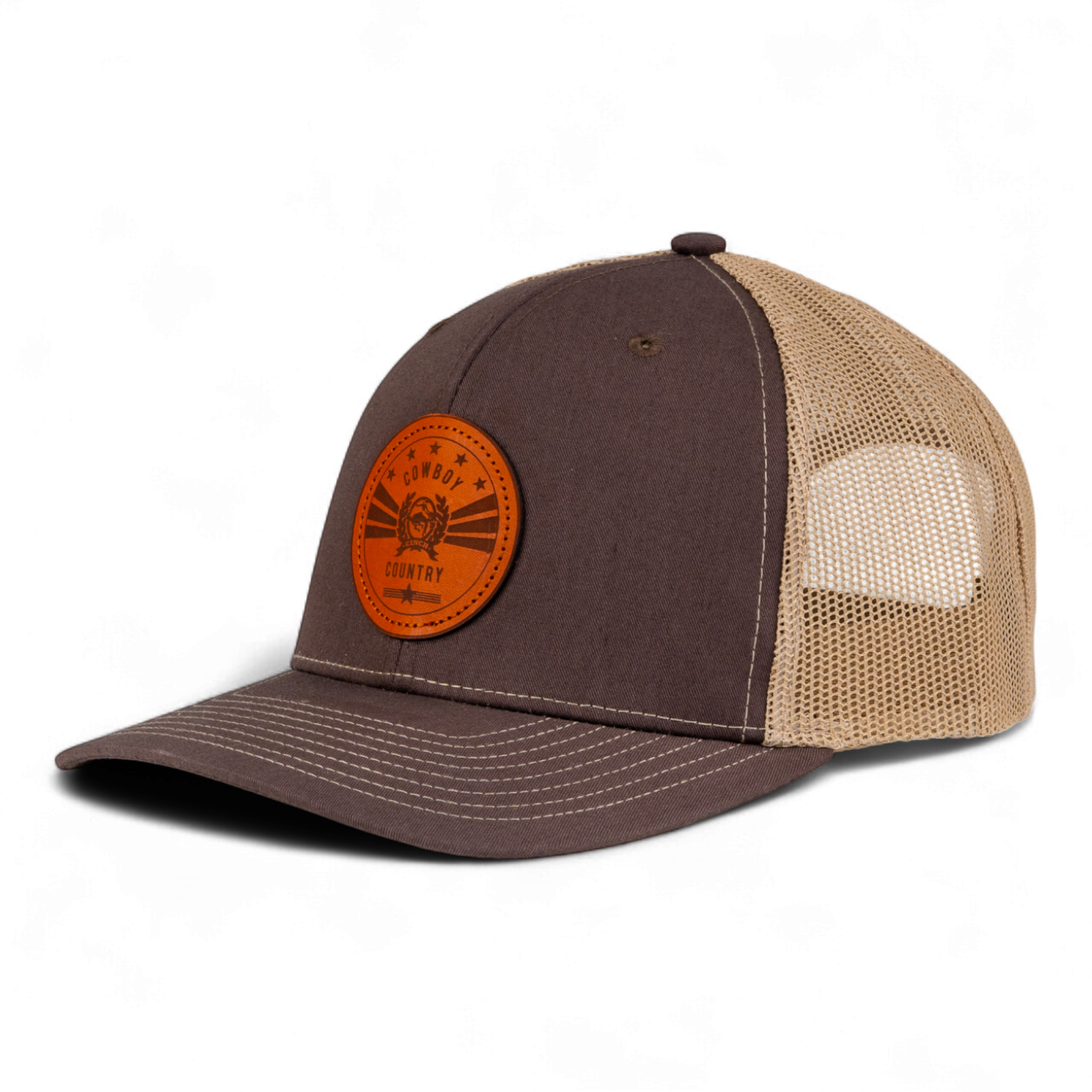 Brown and beige trucker cap with an orange patch on a white background