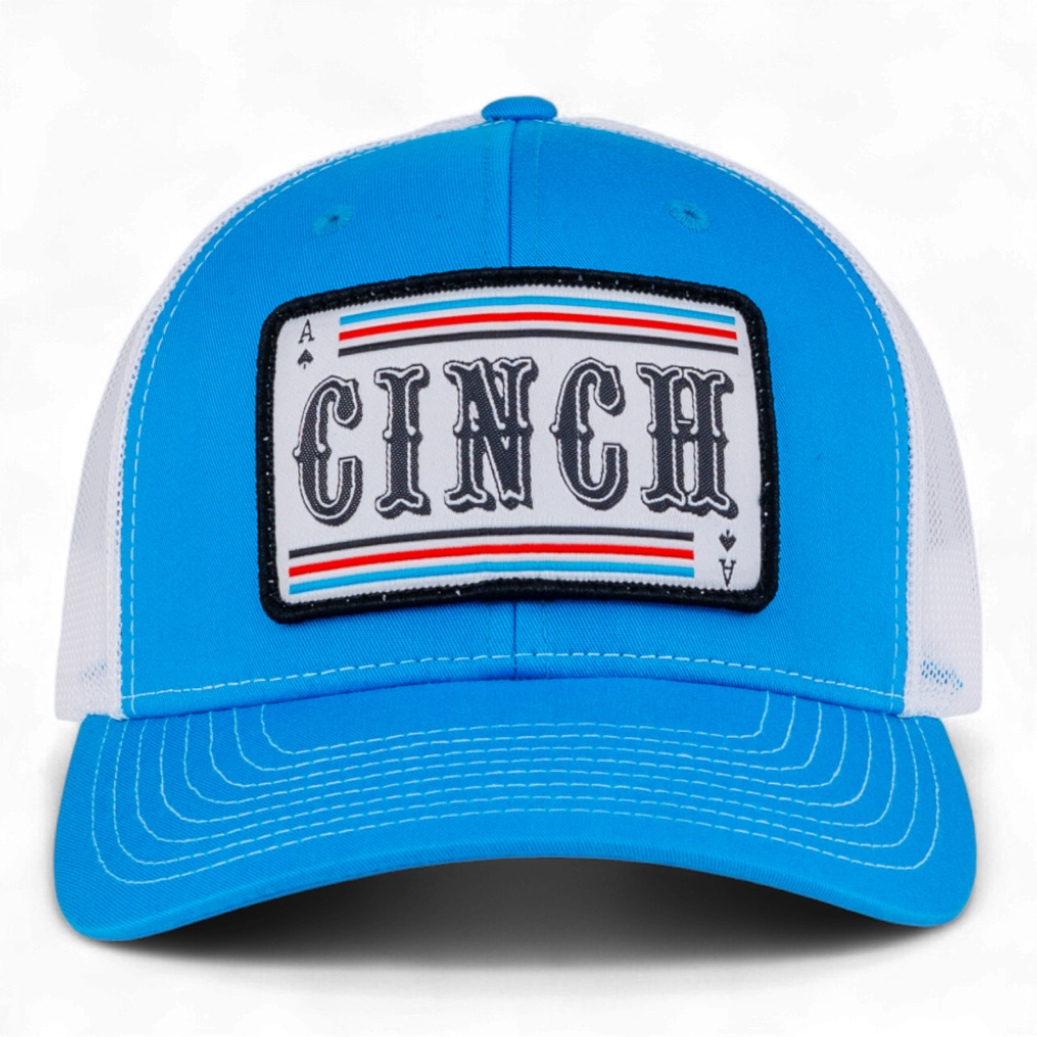 Blue and white cap with a Cinch logo on a white background