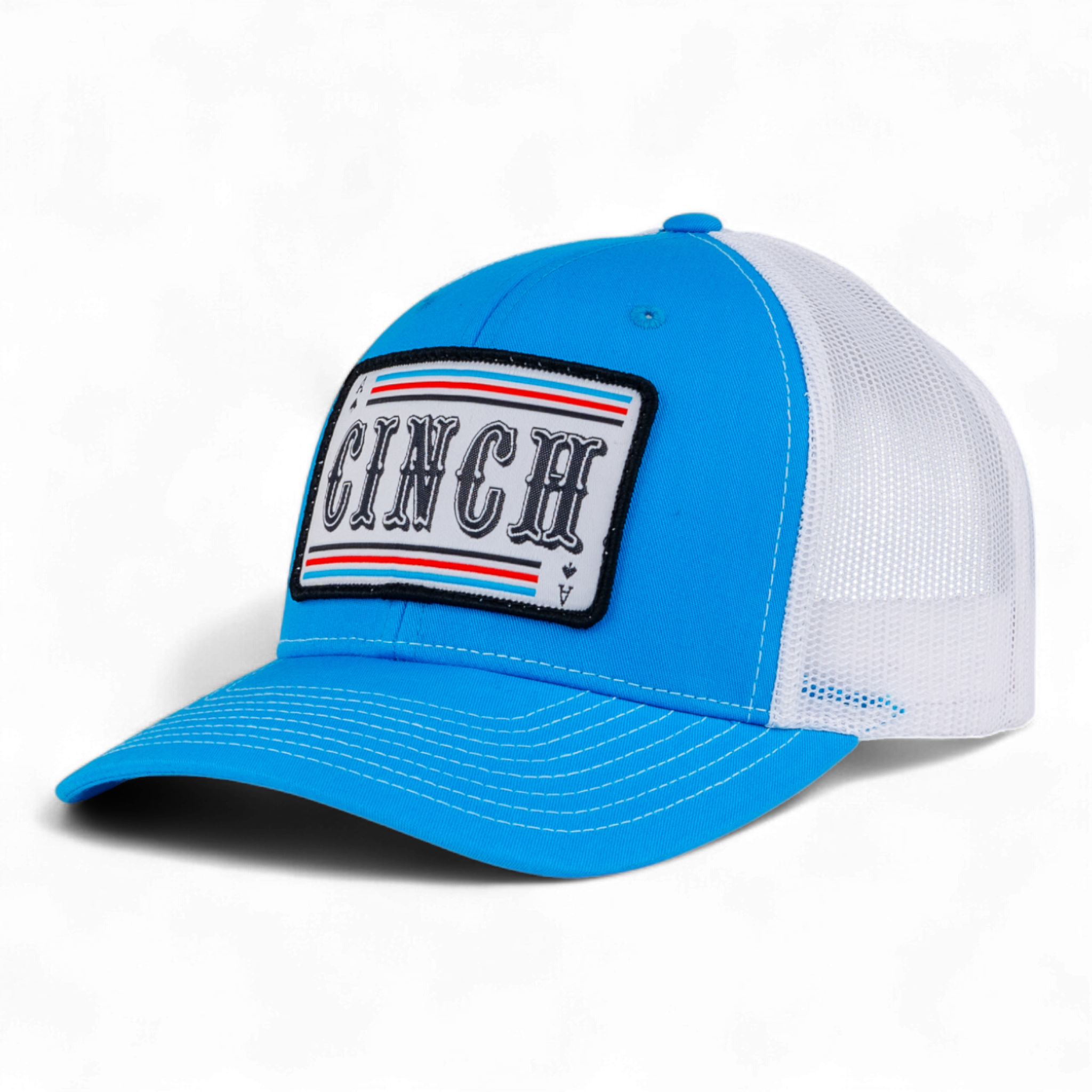 Blue and white cap with a Cinch logo on a white background